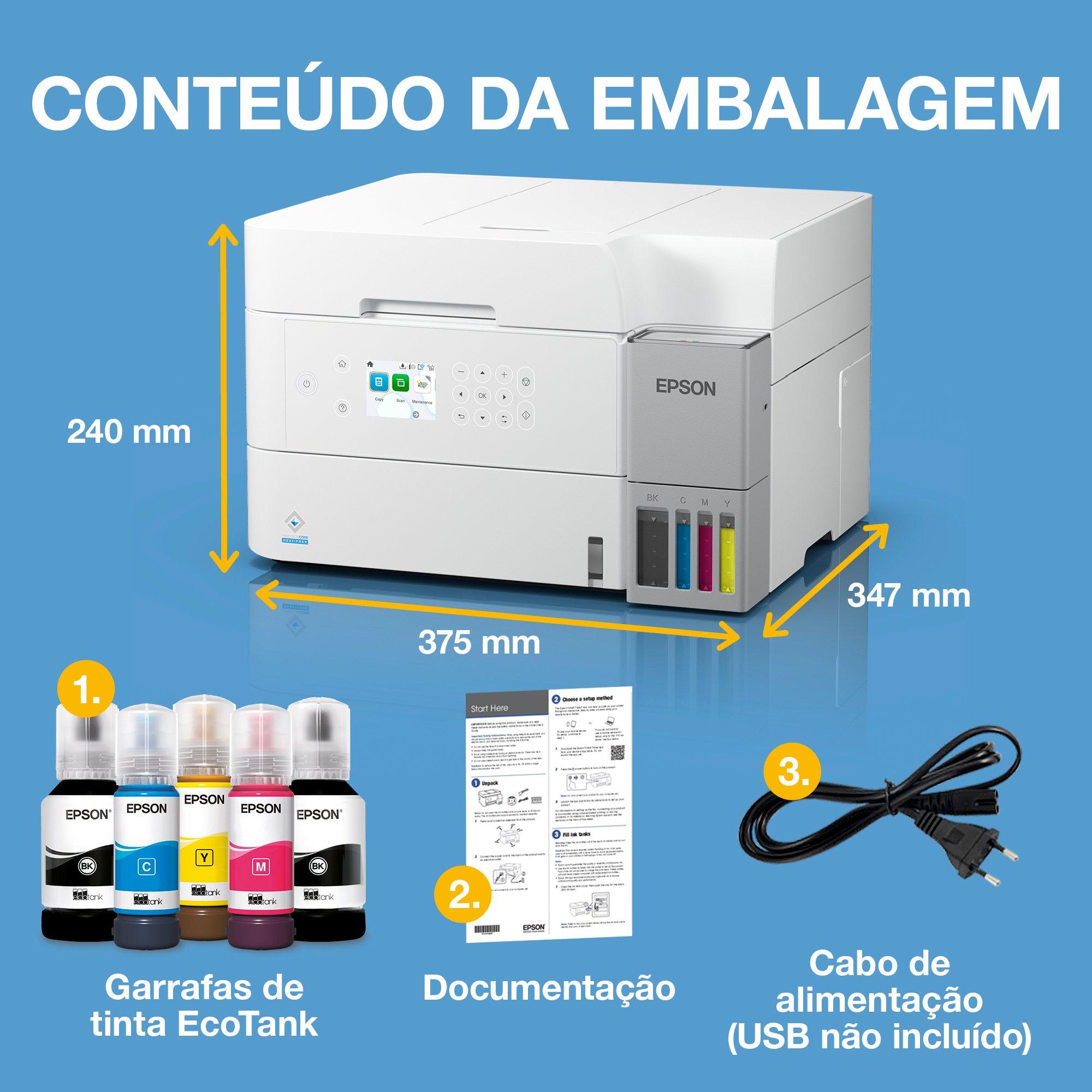 Impressora EcoTank ET-3956 A4 multifunções branca com Wi-Fi, AirPrint e tanque de tinta com ADF, impressão duplex, digitalização e cópia, até 3 anos de tinta incluída whats in the box