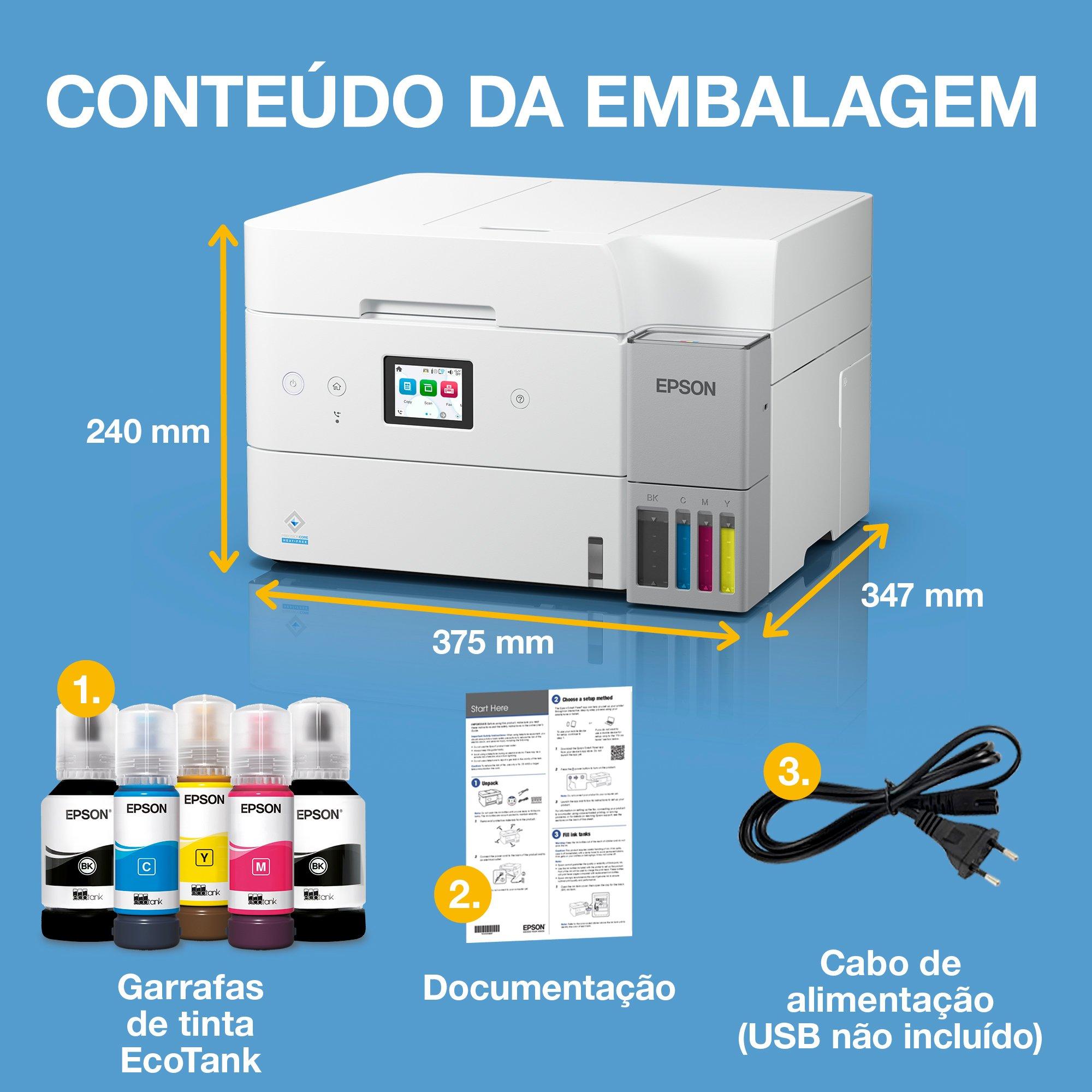 Impressora EcoTank ET-4956 A4 multifunções branca com Wi-Fi, AirPrint e tanque de tinta com ADF, impressão duplex, digitalização, cópia e fax, até 3 anos de tinta incluída whats in the box