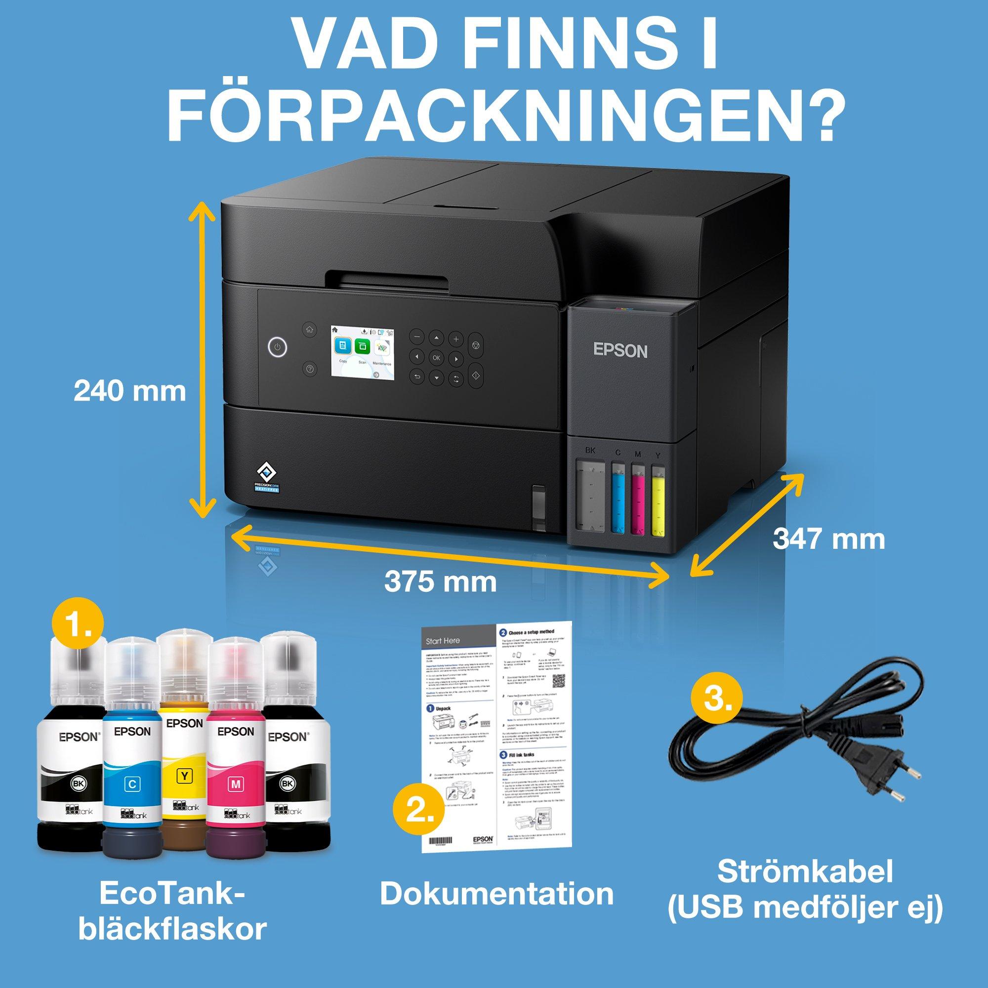 EcoTank ET-3950 A4-multifunktionsskrivare med Wi-Fi och bläckbehållare. Bläck för upp till tre års användning ingår whats in the box