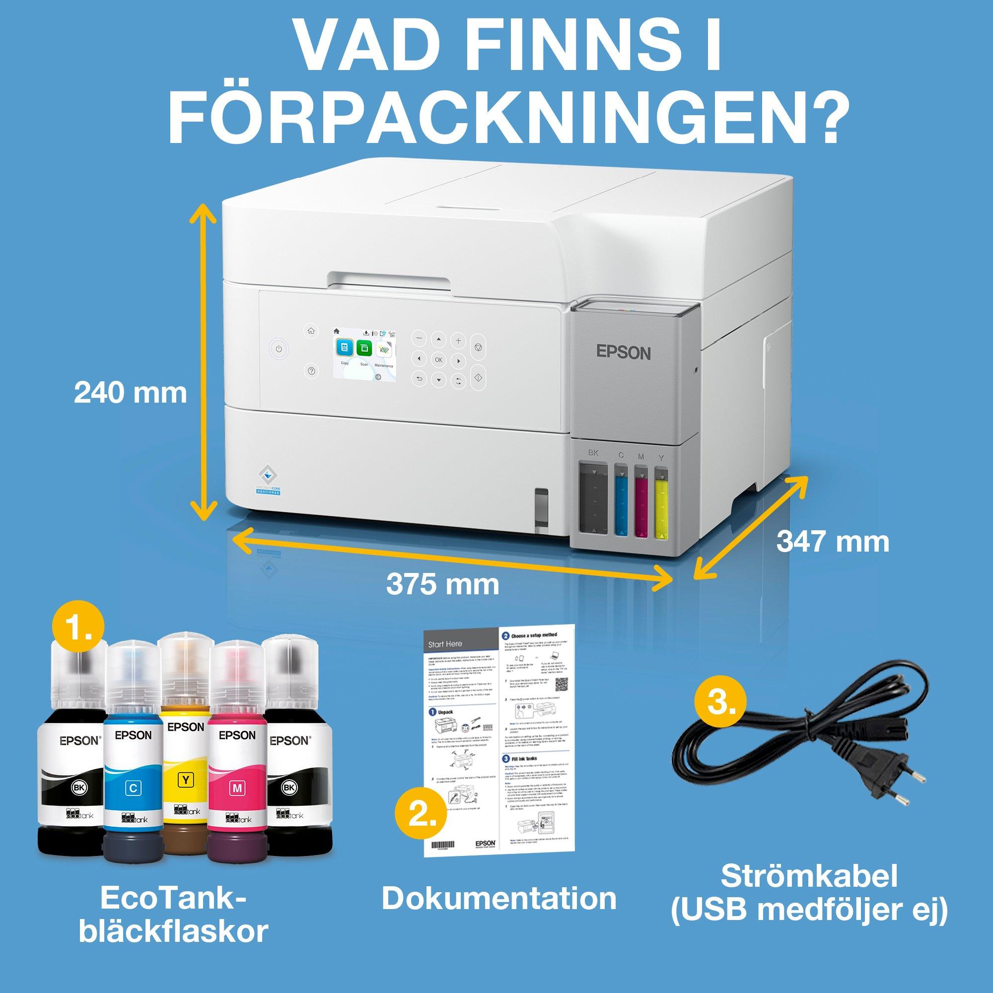 EcoTank ET-3956 vit A4-multifunktionsskrivare med Wi-Fi och bläckbehållare. Bläck för upp till tre års användning ingår whats in the box
