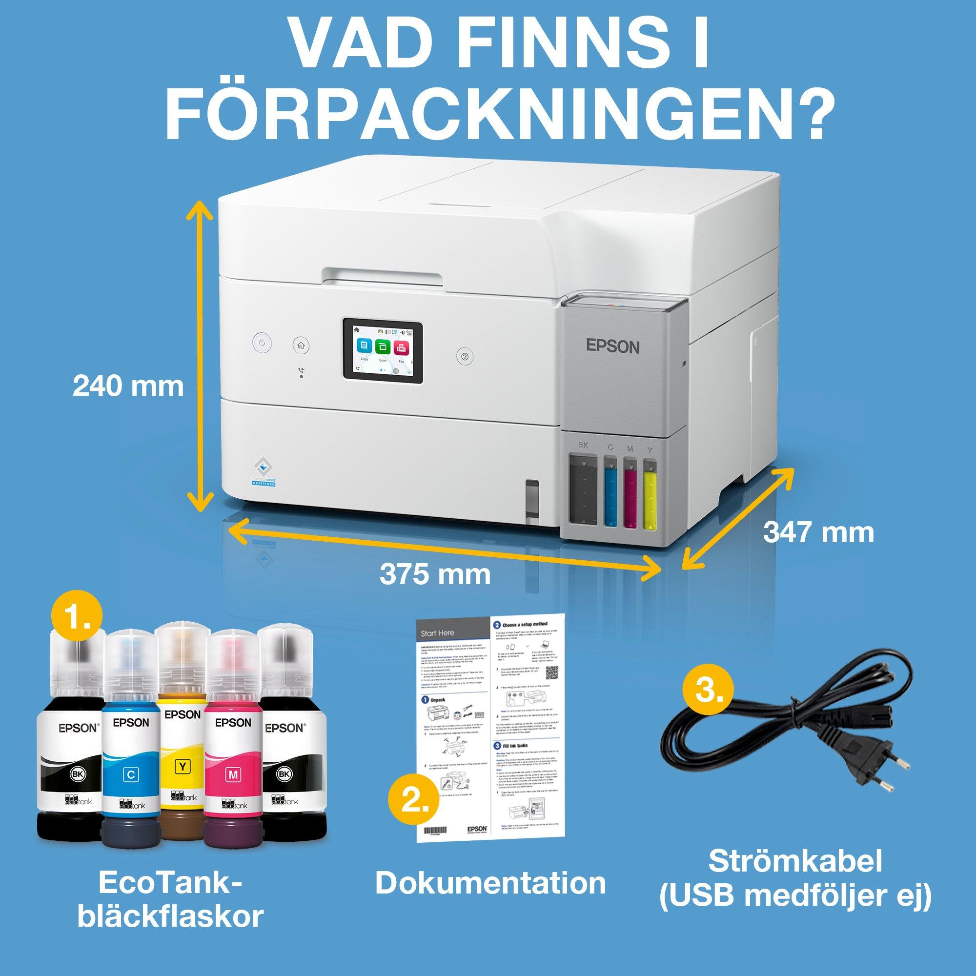 EcoTank ET-4956 vit A4-multifunktionsskrivare med Wi-Fi och bläckbehållare. Bläck för upp till tre års användning ingår whats in the box