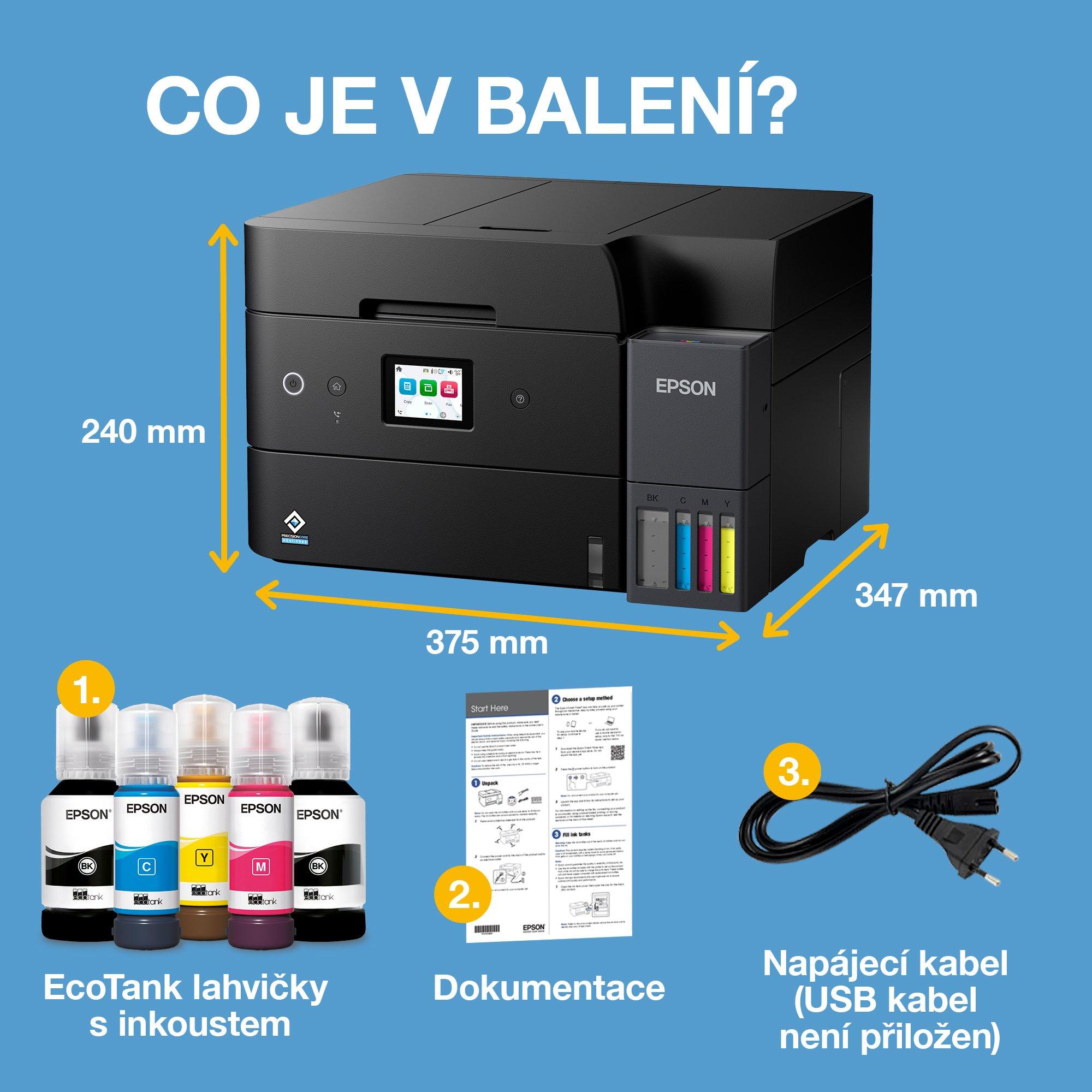 EcoTank L6390 multifunkční tiskárna A4 s inkoustovou nádržkou, Wi-Fi a AirPrint, s ADF, s funkcí oboustranného tisku, skenování, kopírování a faxování, včetně inkoustu až na 3 roky whats in the box