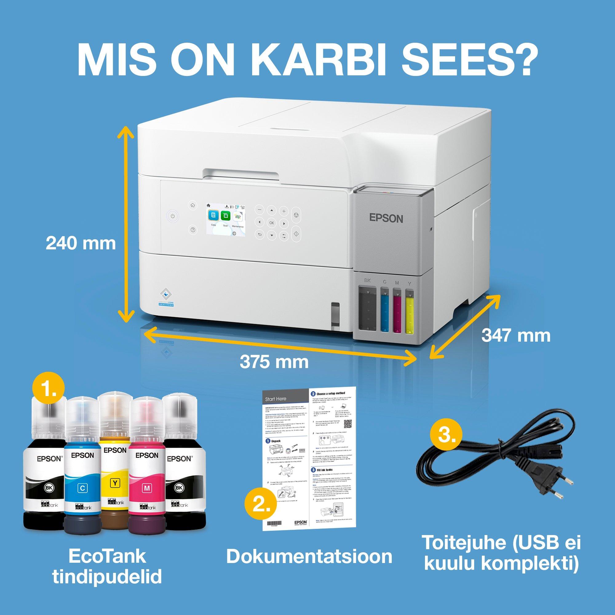 EcoTank L6376 valge A4 multifunktsionaalne Wi-Fi ja AirPrinti tindimahutiga printer, lisaks automaatne dokumendisöötur, kahepoolne printimine, skannimine ja kopeerimine, kuni 3 aastat tinti kaasas whats in the box