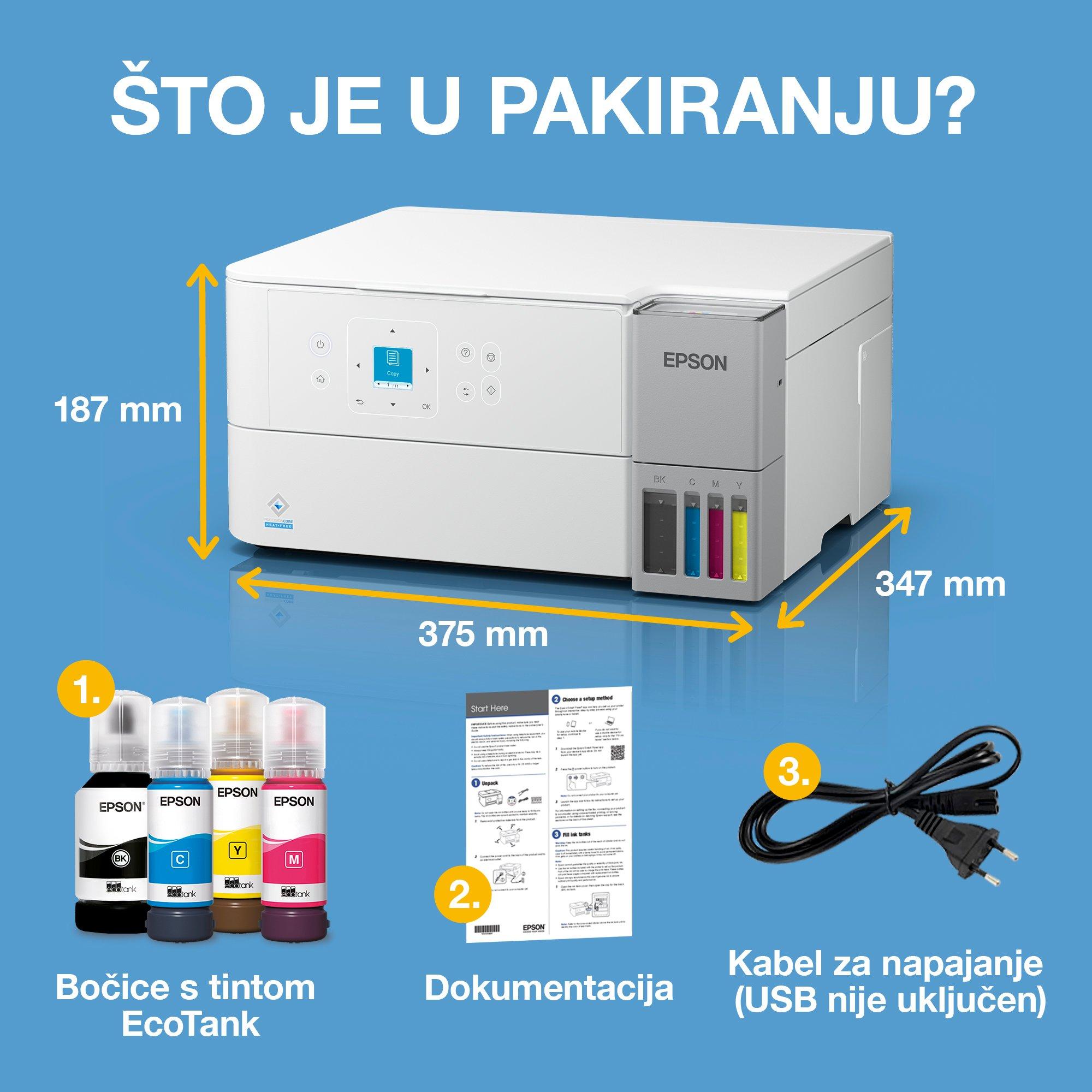 Višenamjenski pisač EcoTank L4366 White za format A4 s Wi-Fi vezom i spremnikom za tintu AirPrint te skeniranjem, kopiranjem i automatskim obostranim ispisom, kao i uključenom tintom za do tri godine whats in the box