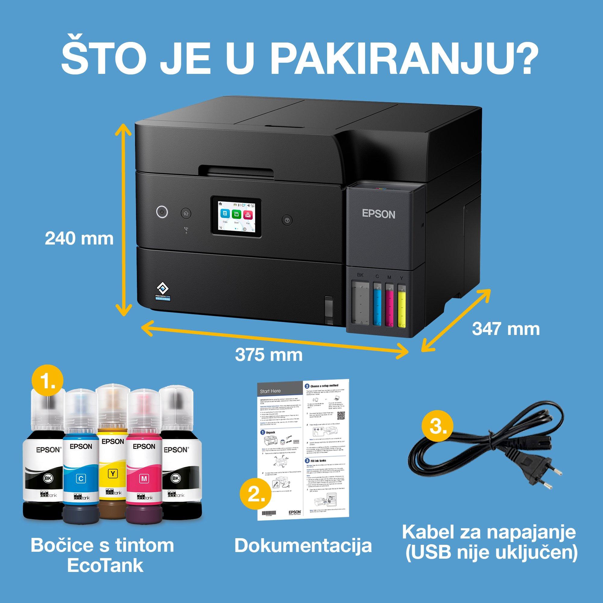 Višenamjenski pisač EcoTank L6390 A4 s Wi-Fi vezom i spremnikom za tintu AirPrint te ADF-om, automatskim obostranim ispisom, skeniranjem, kopiranjem i telefaksom, kao i tintom za do tri godine whats in the box