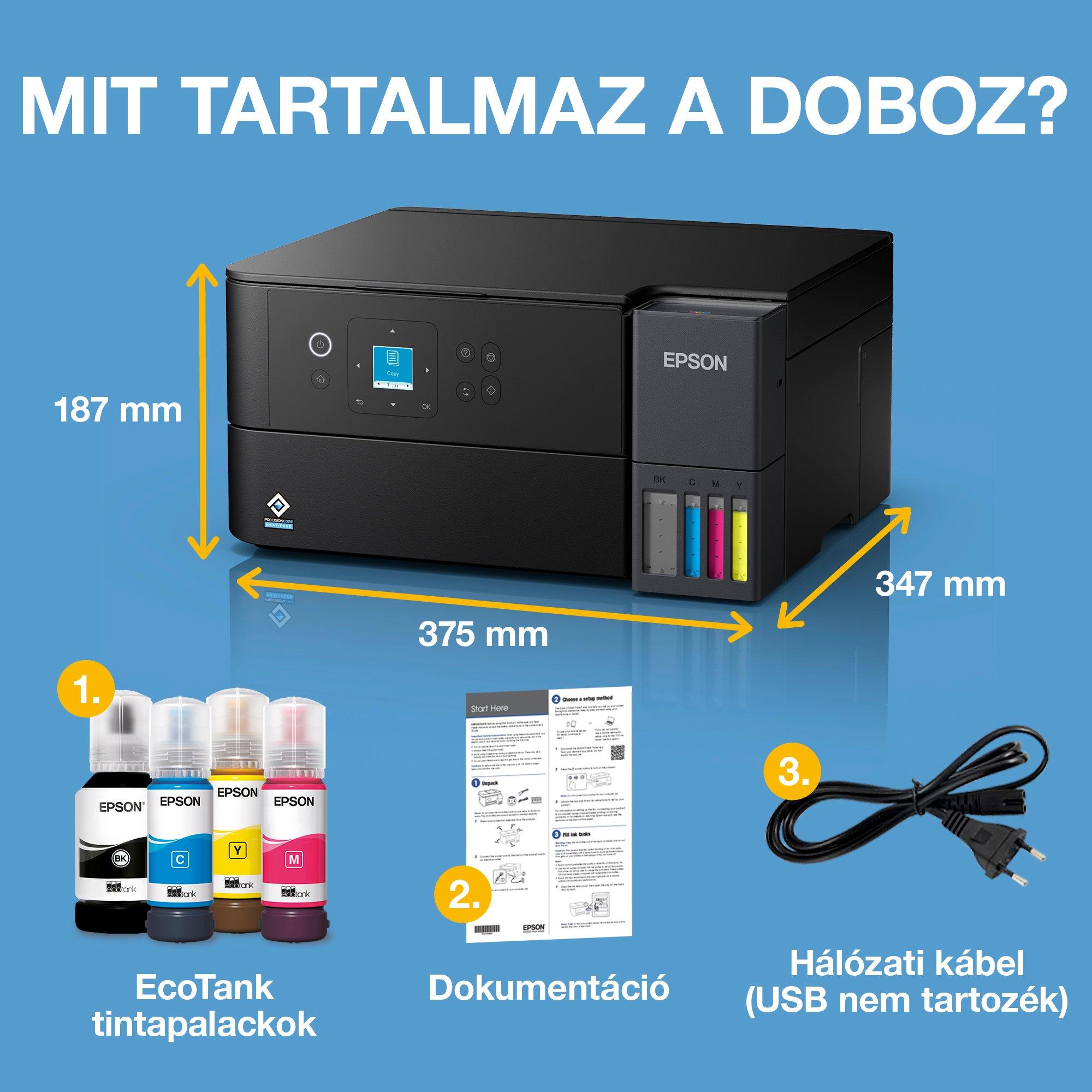 EcoTank L4360 többfunkciós, Wi-Fi-s, AirPrint-funkciós, tintatartályos, A4-es nyomtató, szkenneléssel, másolással és kétoldalas nyomtatással, valamint akár 3 évre elegendő tintával whats in the box