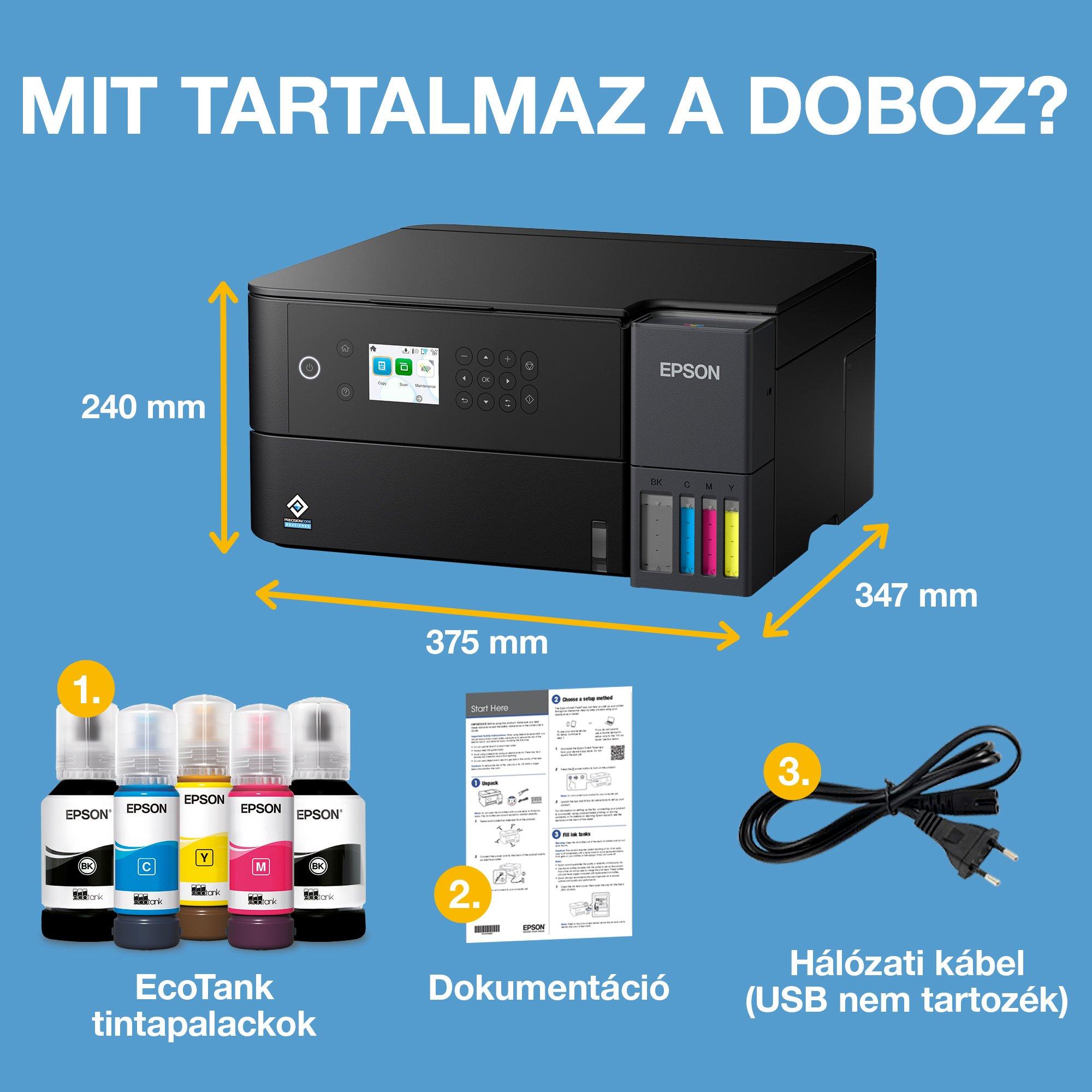 EcoTank L6360 többfunkciós, Wi-Fi-s, AirPrint-funkciós, tintatartályos, A4-es nyomtató, szkenneléssel, másolással és kétoldalas nyomtatással, valamint akár 3 évre elegendő tintával whats in the box