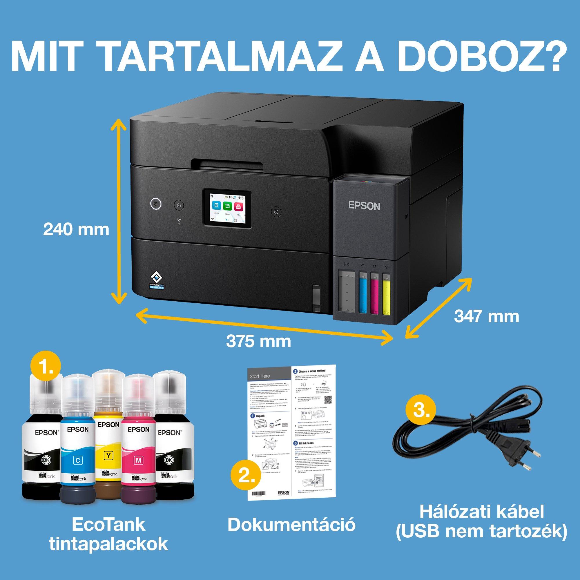 EcoTank L6390 többfunkciós, Wi-Fi-s, AirPrint-funkciós, tintatartályos, A4-es nyomtató automata lapadagolóval, szkenneléssel, másolással és kétoldalas nyomtatással, akár 3 évre elegendő tintával whats in the box