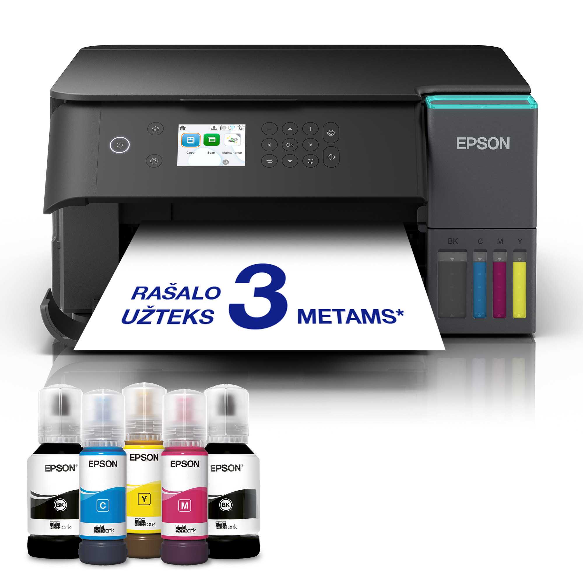 „EcoTank L6360“ A4 daugiafunkcis spausdintuvas su „Wi-Fi“, skenavimo, kopijavimo, dvipusio spausdinimo funkcijomis ir „AirPrint“ rašalo talpykla, kurioje rašalo yra tiek, kad pakaks iki 3 metų