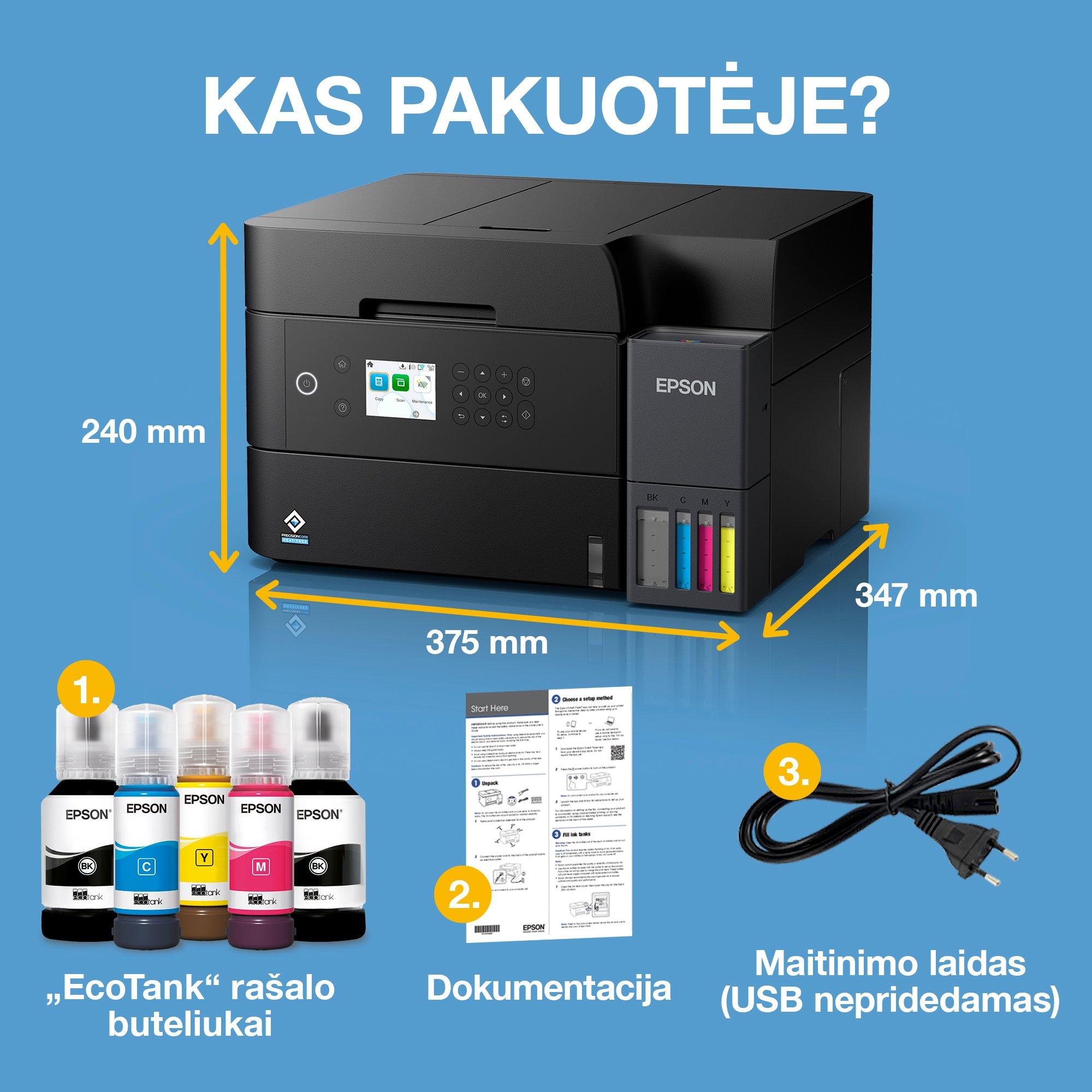 „EcoTank L6370“ A4 daugiafunkcis spausdintuvas su „Wi-Fi“, ADT, dvipusio spausdinimo, skenavimo, kopijavimo funkcijomis ir „AirPrint“ rašalo talpykla, kurioje rašalo yra tiek, kad pakaks iki 3 metų whats in the box
