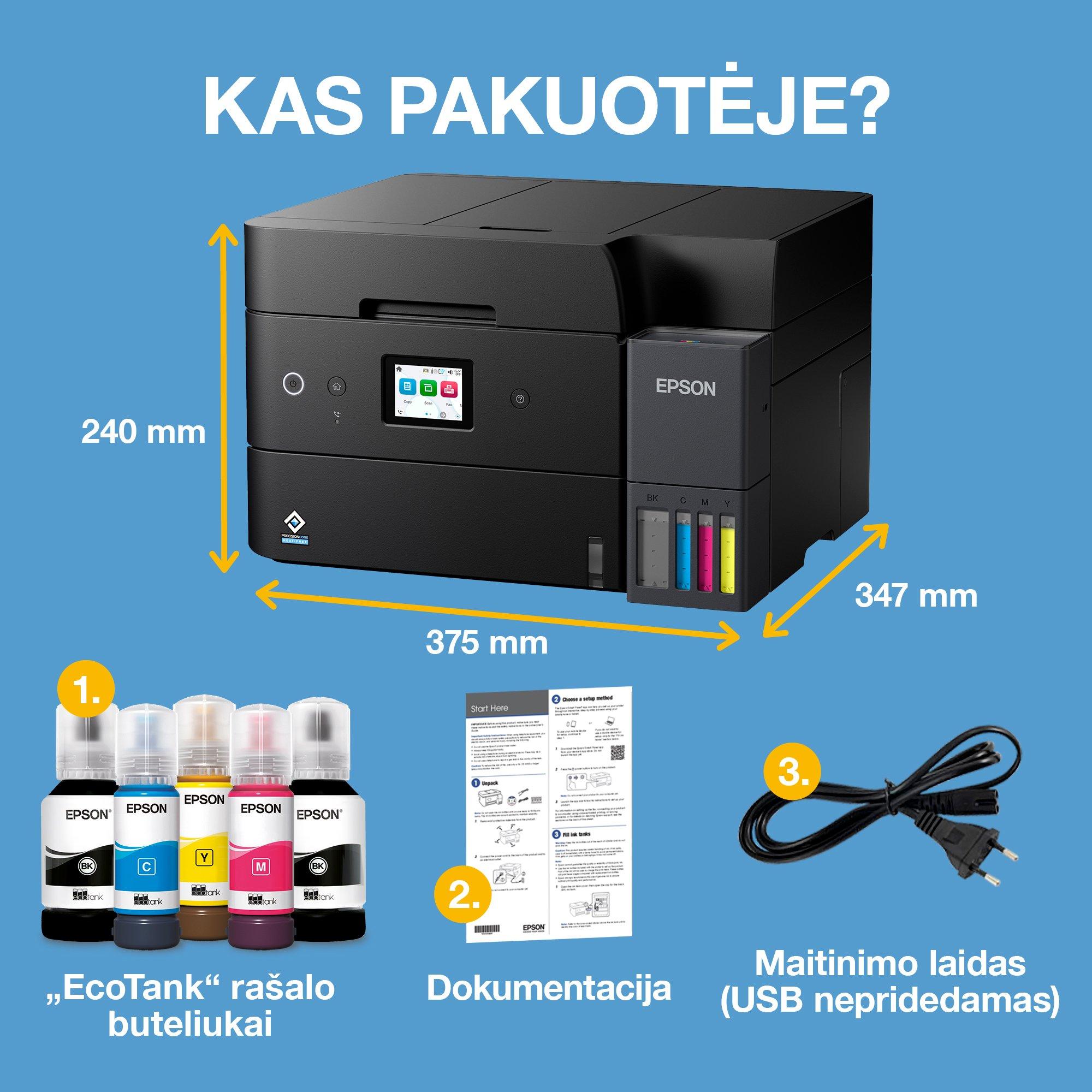 „EcoTank L6390“ A4 daugiafunkcis spausdintuvas su „Wi-Fi“, ADT, dvipusio spausdinimo, skenavimo, kopijavimo, faksų siuntimo funkcijomis ir „AirPrint“ rašalo talpykla, kurios  rašalo  pakaks iki 3 metų whats in the box