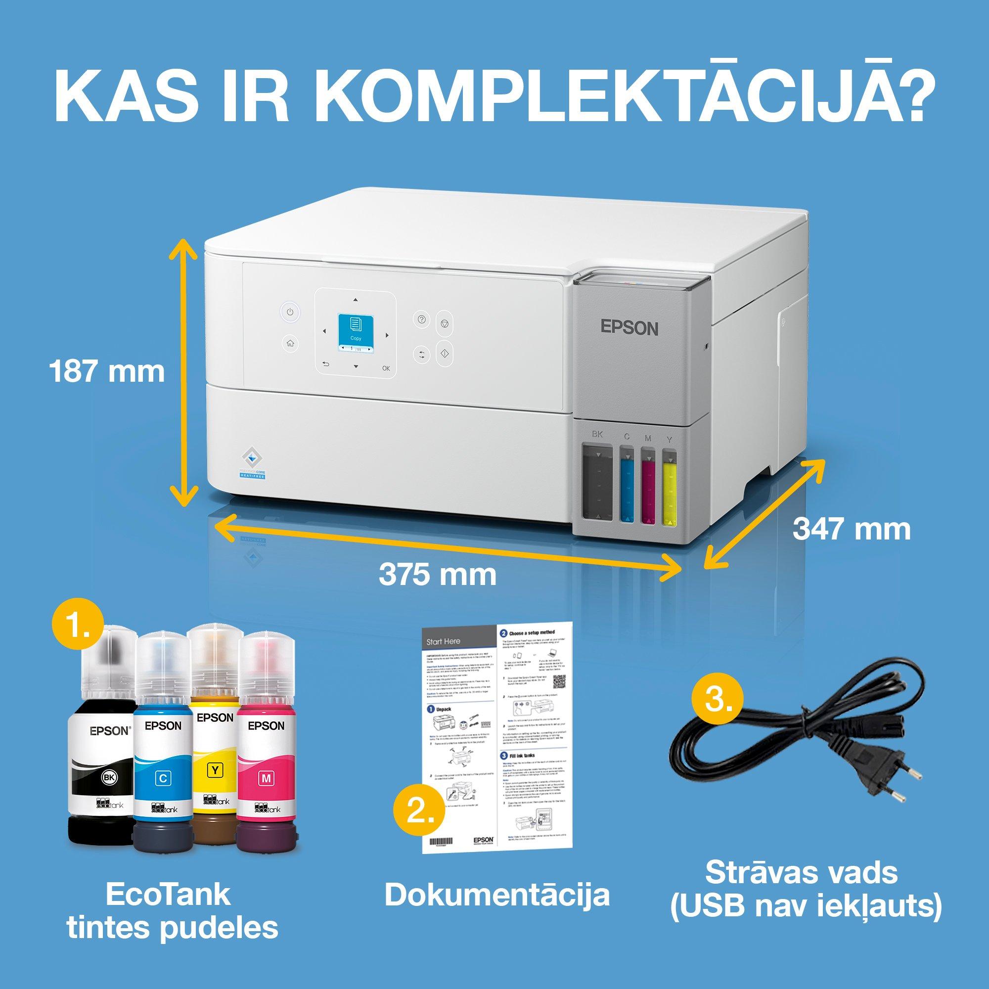EcoTank L4366 balts A4 daudzfunkciju printeris ar Wi-Fi un AirPrint tintes tvertni, automātisko dokumentu padevi (ADF), skenēšanu, kopēšanu un abpusēju druku, iekļauta tintes rezerve līdz 3 gadiem whats in the box