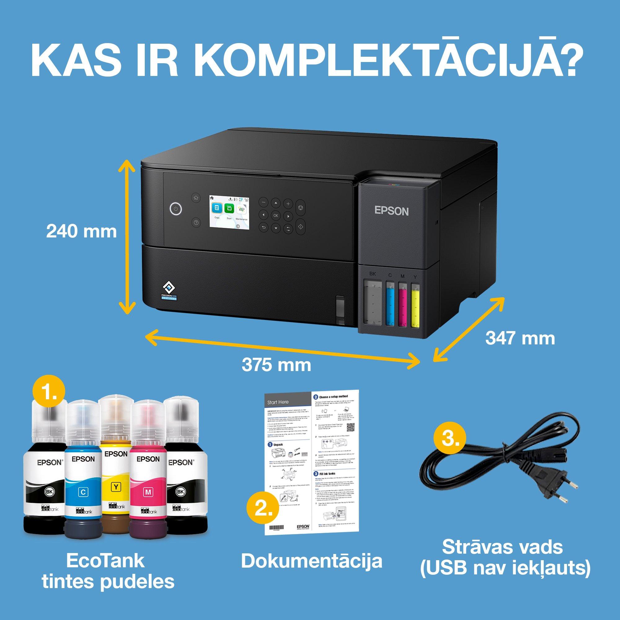 EcoTank L6360 A4 daudzfunkcionāls printeris ar Wi-Fi un AirPrint tintes tvertni, skenēšanu, kopēšanu un abpusējo druku, iekļauta tintes rezerve līdz 3 gadiem whats in the box
