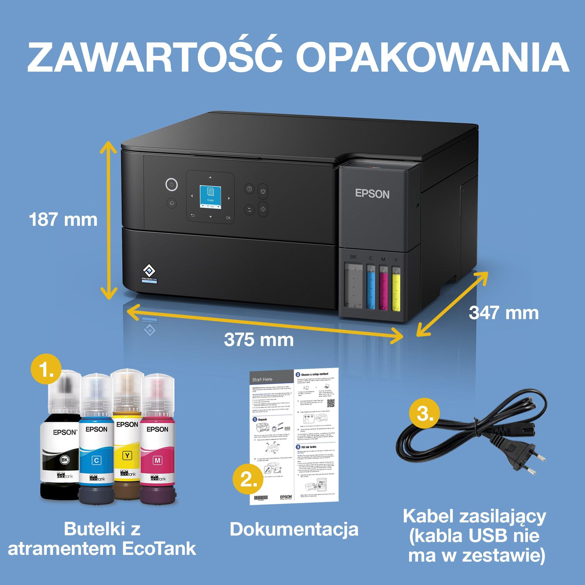 EcoTank L4360 – wielofunkcyjna drukarka A4 z Wi-Fi, stałym zasilaniem w atrament, AirPrint, skanowaniem, kopiowaniem, drukowaniem dwustronnym i zapasem atramentu do 3 lat w zestawie whats in the box