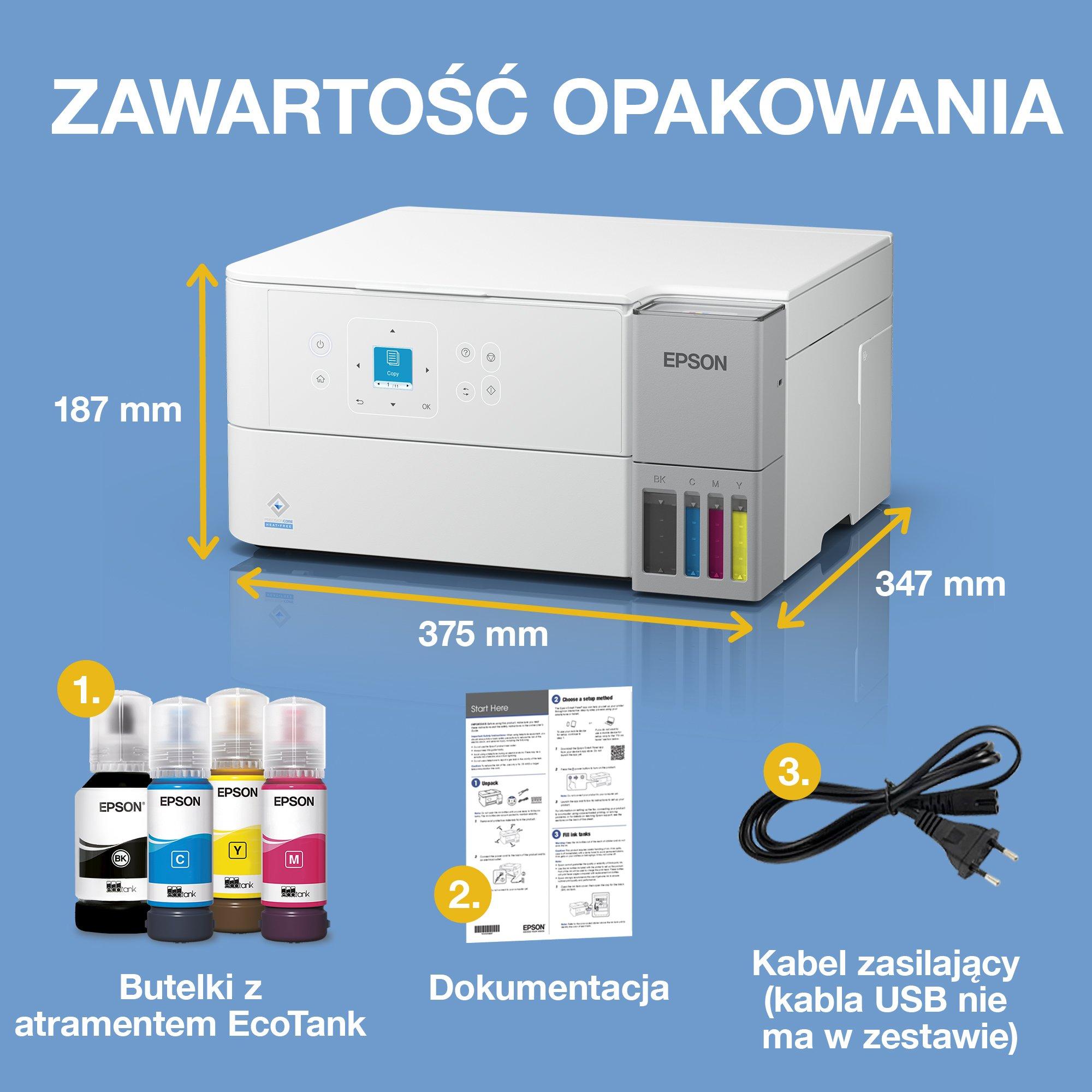 EcoTank L4366 – biała wielofunkcyjna drukarka A4 z Wi-Fi, stałym zasilaniem w atrament, AirPrint, skanowaniem, kopiowaniem, drukowaniem dwustronnym i zapasem atramentu do 3 lat w zestawie whats in the box
