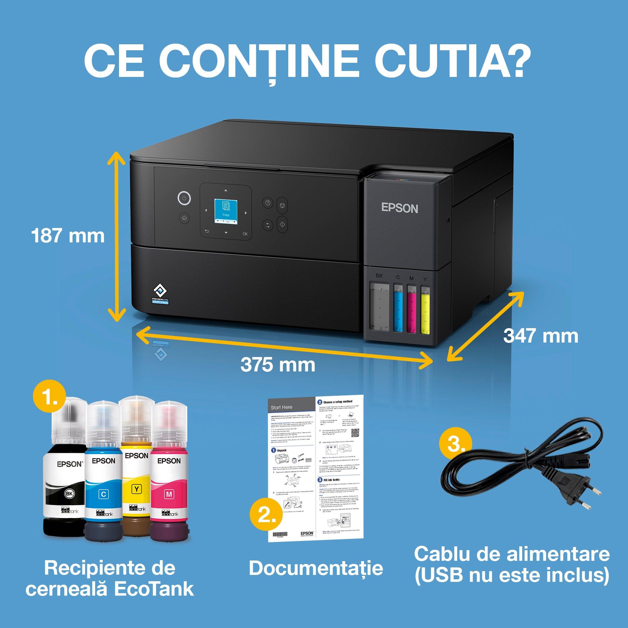 EcoTank L4360 - Multifuncțional A4 cu Wi-Fi și imprimantă cu rezervor de cerneală AirPrint, funcții de scanare, copiere și imprimare față-verso, cu cerneală inclusă pentru până la 3 ani whats in the box