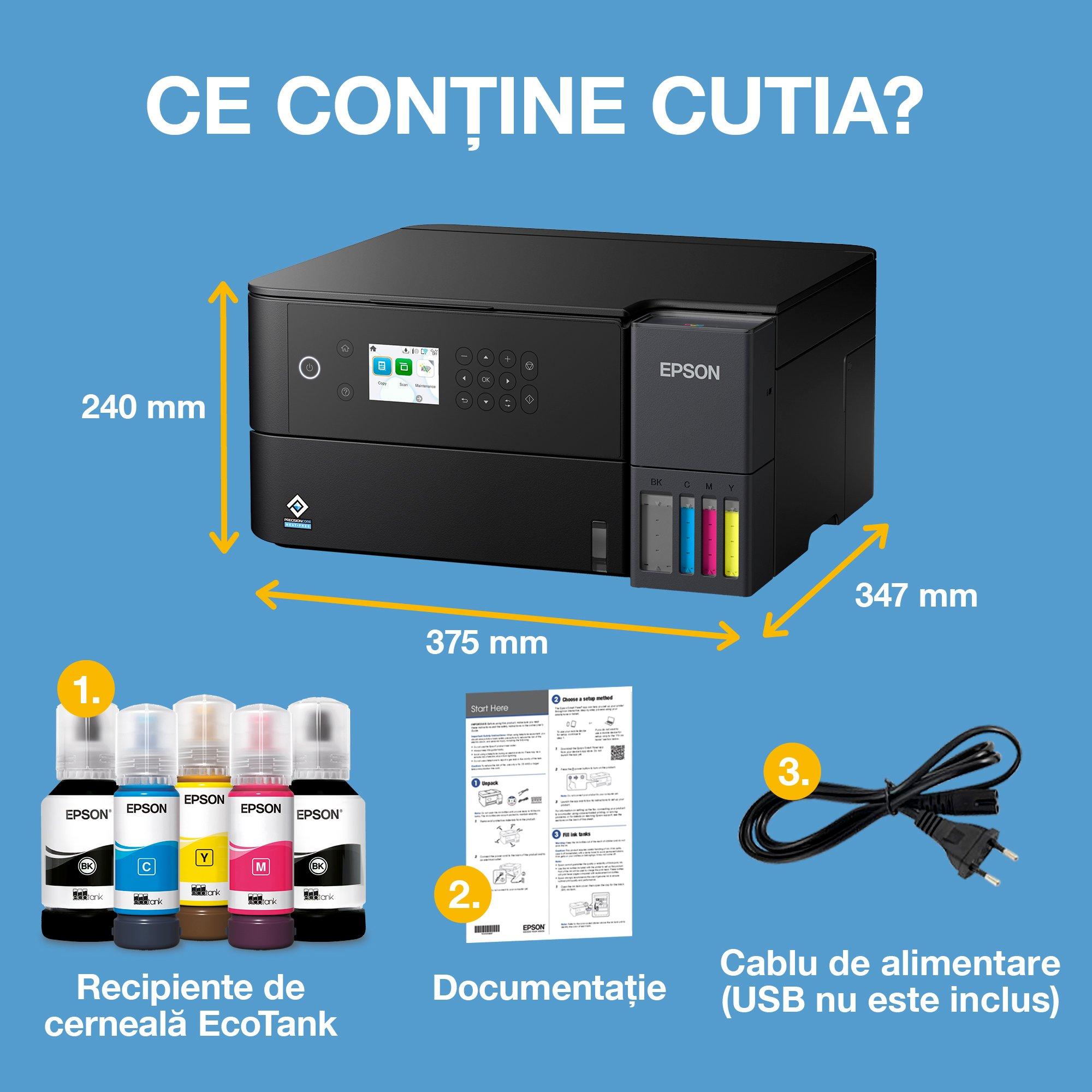 EcoTank L6360 - Multifuncțional A4 cu Wi-Fi și imprimantă cu rezervor de cerneală AirPrint, funcții de scanare, copiere și imprimare față-verso, cu cerneală inclusă pentru până la 3 ani whats in the box