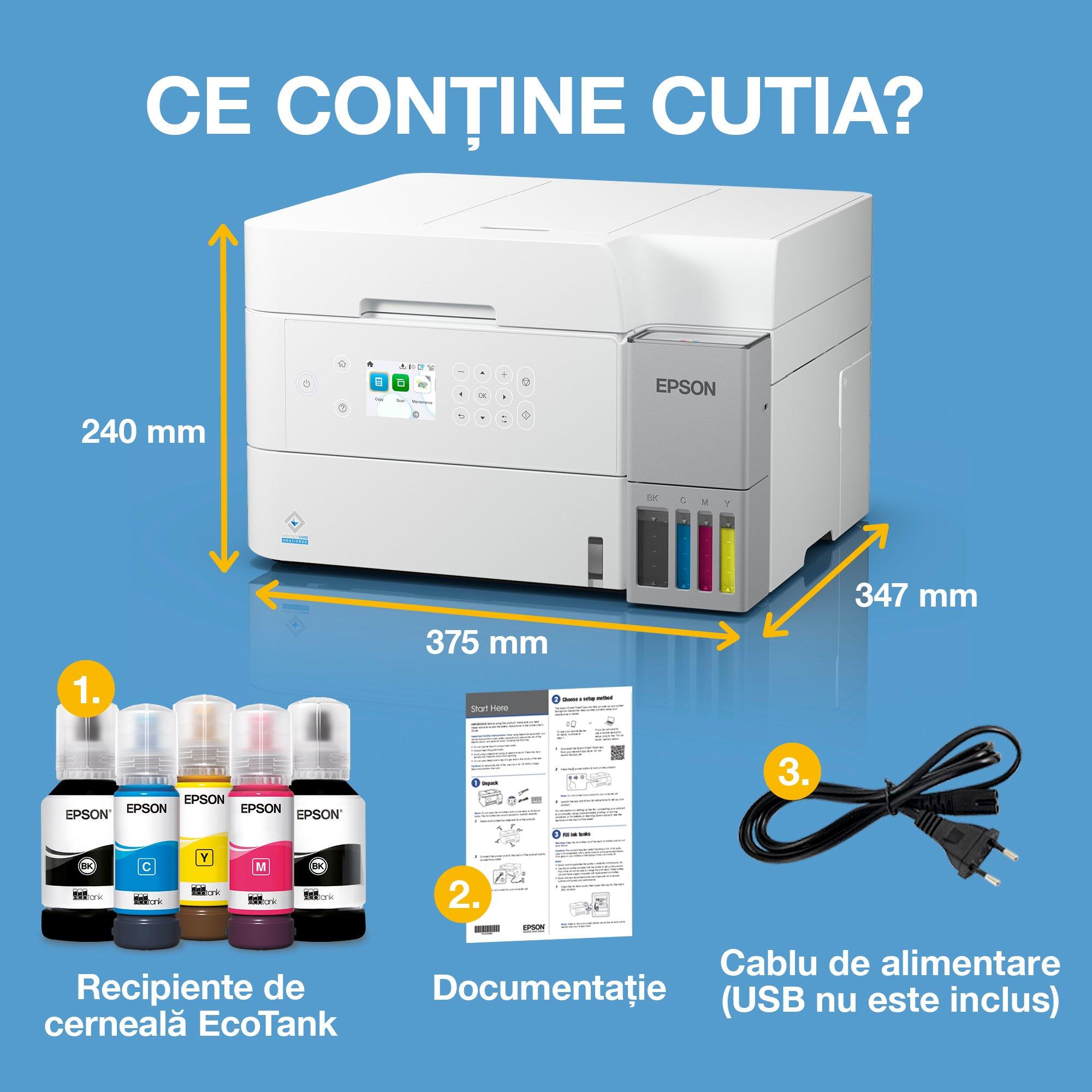 EcoTank L6376 - Multifuncțional A4 alb cu Wi-Fi și imprimantă cu rezervor de cerneală AirPrint cu ADF, funcții de imprimare duplex, scanare și copiere, cu cerneală inclusă pentru până la 3 ani whats in the box
