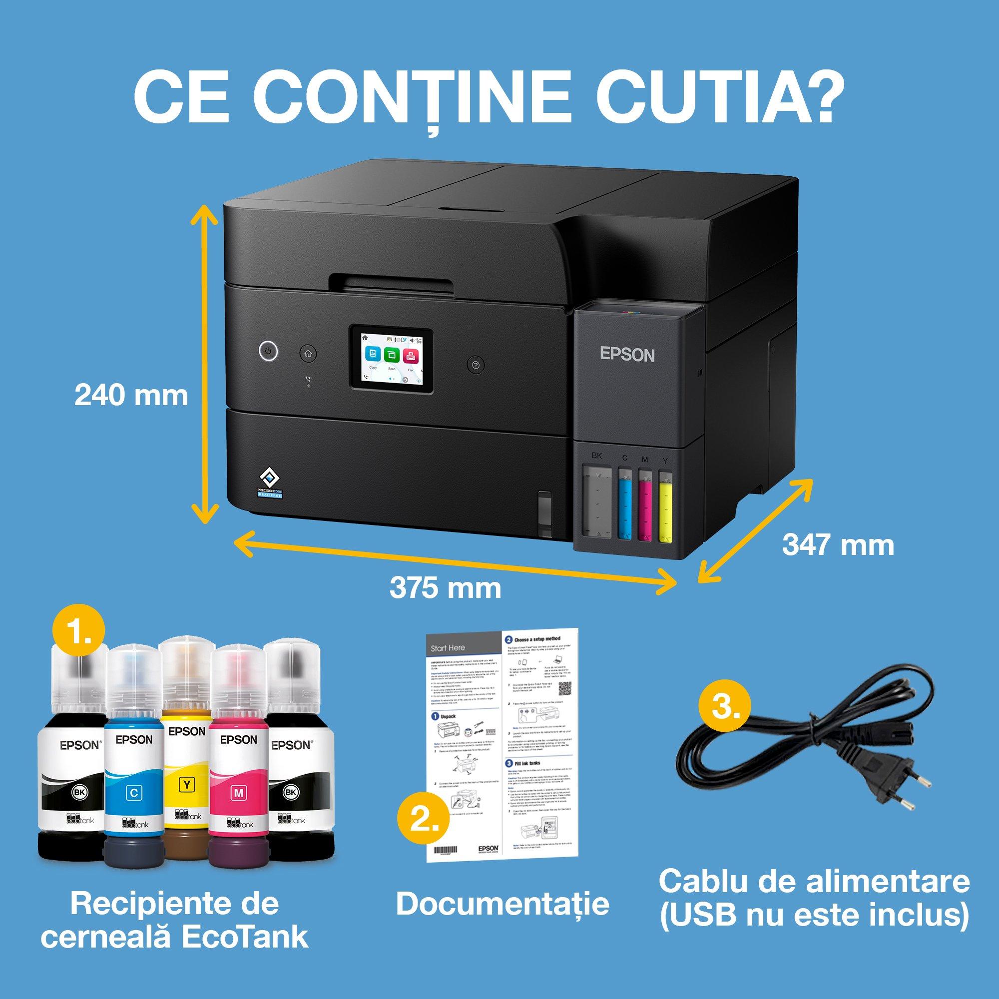 EcoTank L6390 - Multifuncțional A4 cu Wi-Fi și imprimantă cu rezervor de cerneală AirPrint cu ADF, funcții de imprimare duplex, scanare, copiere și fax, cu cerneală inclusă pentru până la 3 ani whats in the box