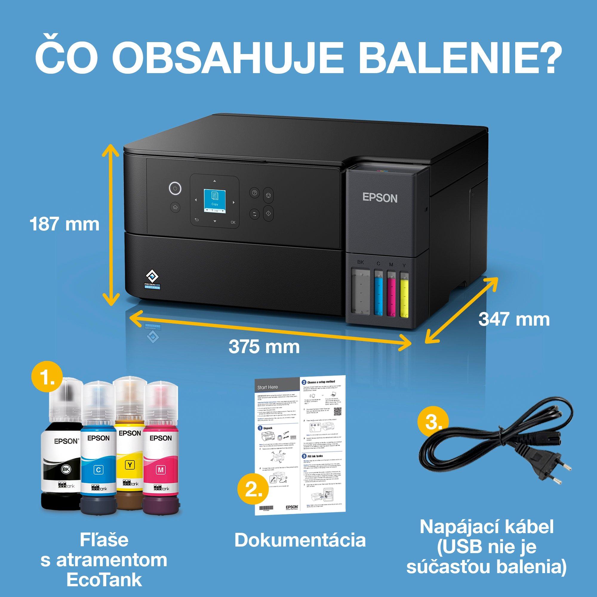 Multifunkčná tlačiareň EcoTank L4360 formátu A4 s Wi-Fi a AirPrint, funkciou skenovania, kopírovania a obojstrannej tlače, atramentovým zásobníkom a atramentom až na 3 roky whats in the box