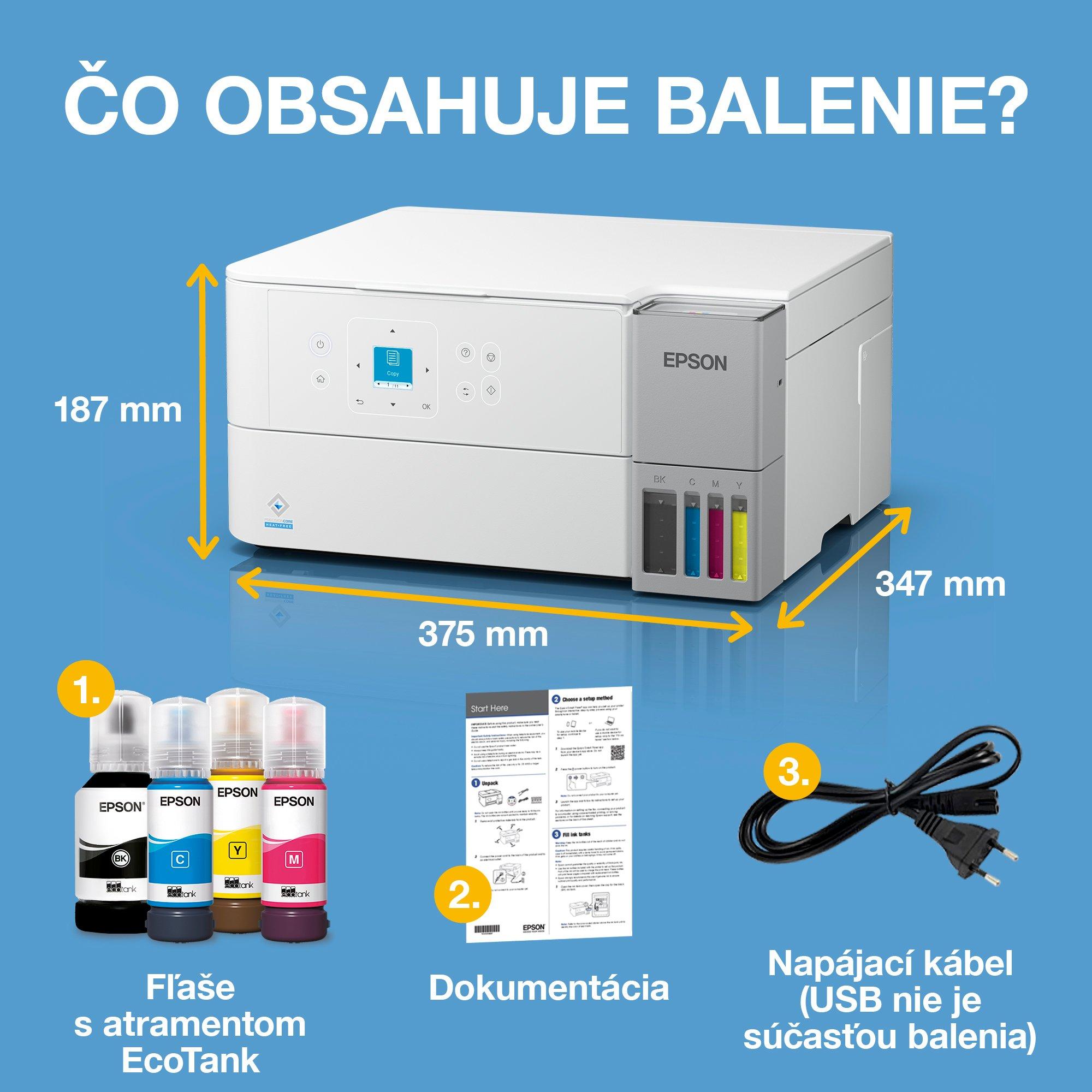 Biela multifunkčná tlačiareň EcoTank L4366 formátu A4 s Wi-Fi a AirPrint, funkciou skenovania, kopírovania a obojstrannej tlače, atramentovým zásobníkom a atramentom až na 3 roky whats in the box