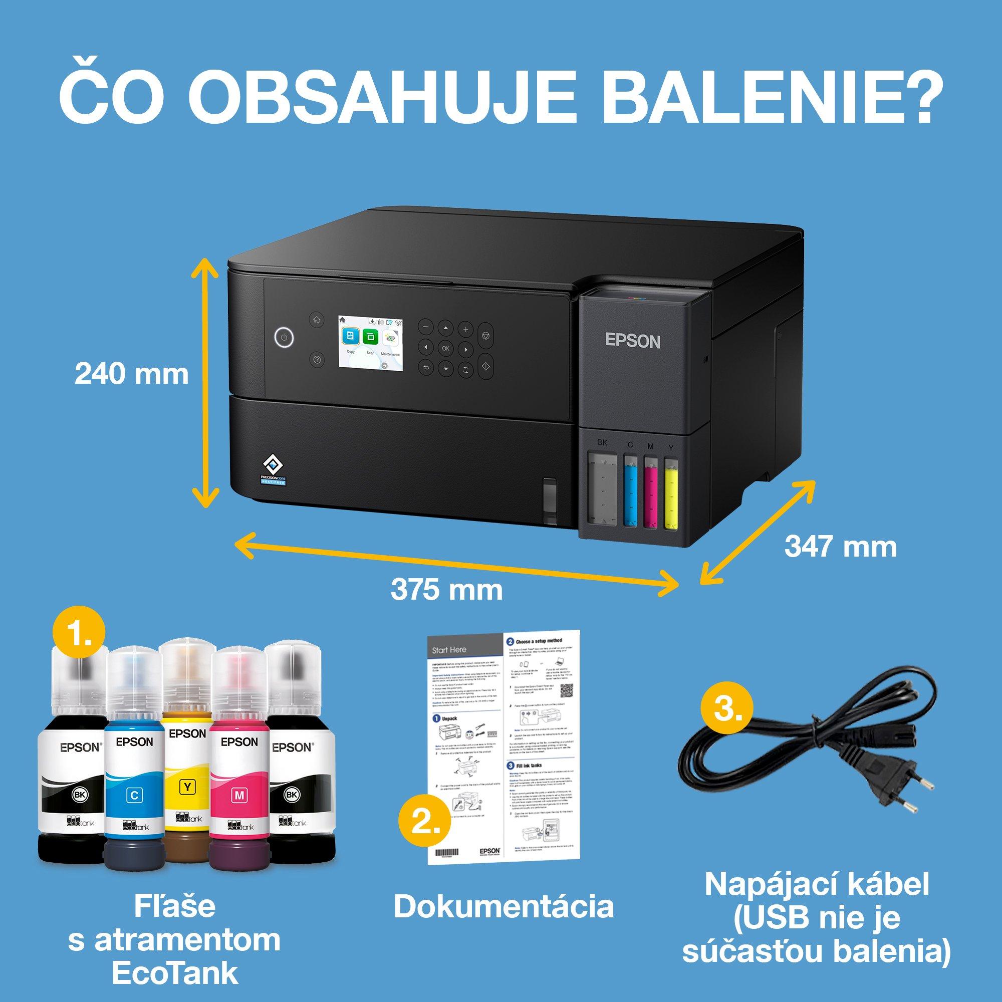 Multifunkčná tlačiareň EcoTank L6360 formátu A4 s Wi-Fi a AirPrint, funkciou skenovania, kopírovania a obojstrannej tlače, atramentovým zásobníkom a atramentom až na 3 roky whats in the box