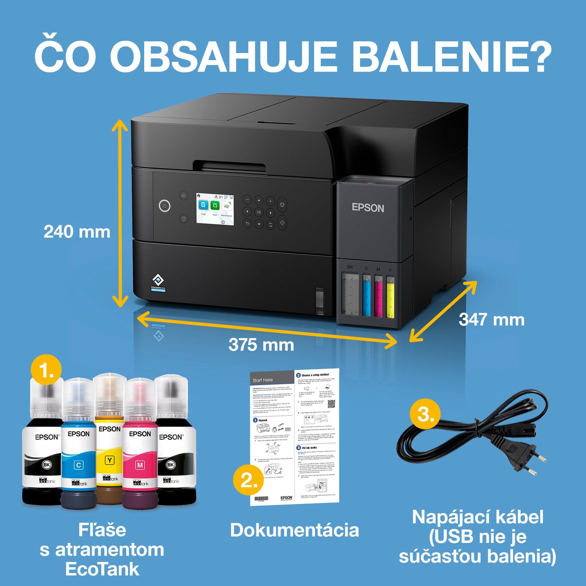 Multifunkčná tlačiareň EcoTank L6370 formátu A4 s Wi-Fi a AirPrint, ADF, obojstrannou tlačou, funkciou skenovania a kopírovania, atramentovým zásobníkom a atramentom až na 3 roky whats in the box