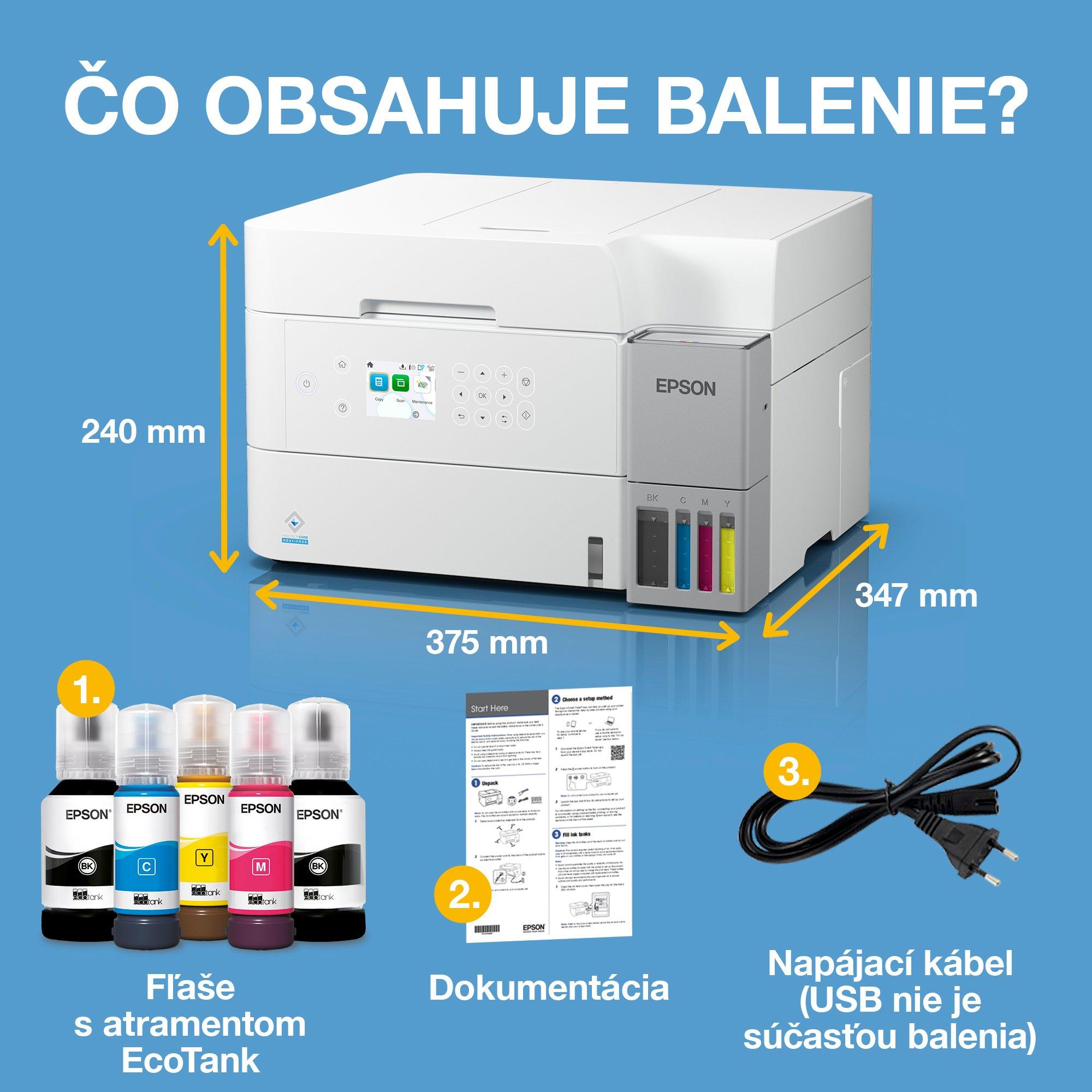 Biela multifunkčná tlačiareň EcoTank L6376 formátu A4 s Wi-Fi a AirPrint, ADF, obojstrannou tlačou, funkciou skenovania a kopírovania, atramentovým zásobníkom a atramentom až na 3 roky whats in the box