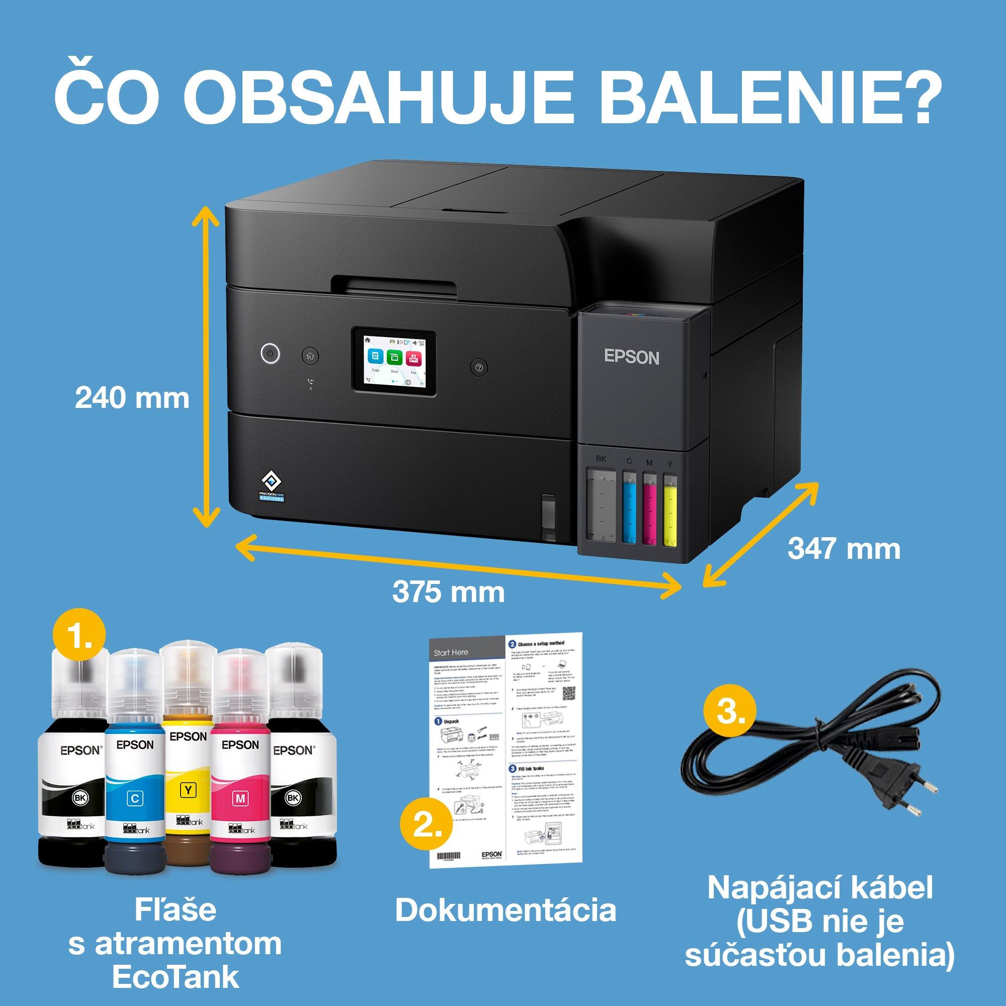 Multifunkčná tlačiareň EcoTank L6390 A4 s Wi-Fi a AirPrint, ADF, obojstrannou tlačou, funkciou skenovania, kopírovania a faxovania, atramentovým zásobníkom a atramentom až na 3 roky whats in the box