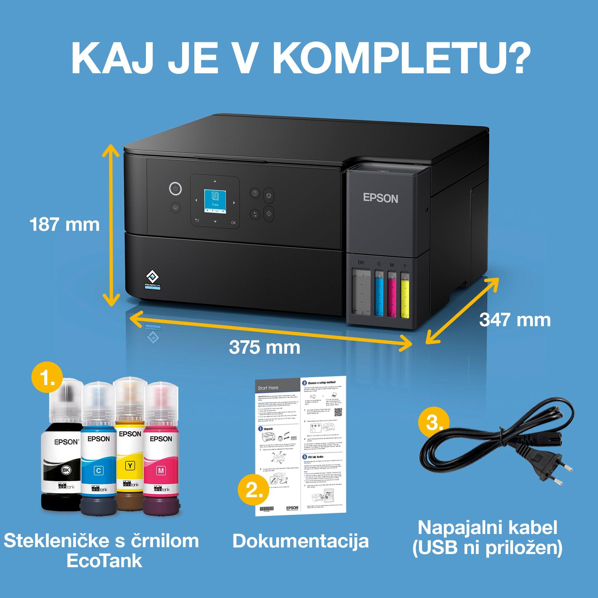 Večnamenski tiskalnik A4 EcoTank L4360 z Wi-Fi-jem in AirPrint ter sistemom posod s črnilom, optičnim branjem, kopiranjem in obojestranskim tiskanjem, s črnilom za do 3 leta uporabe whats in the box