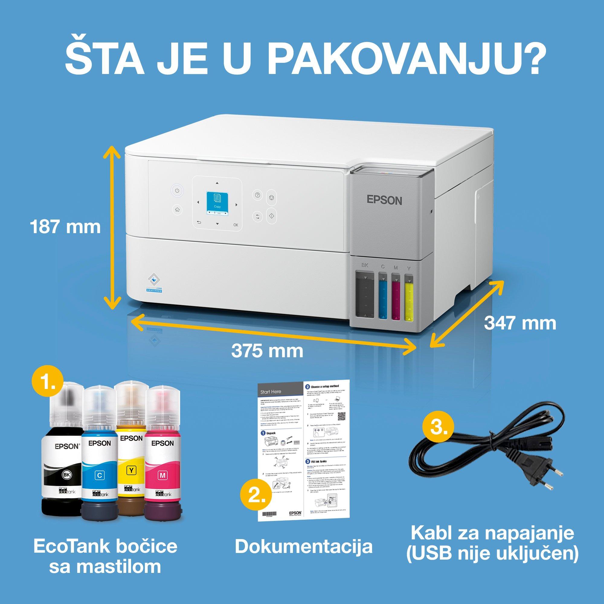 EcoTank L4366 beli multifunkcionalni štampač formata A4 sa Wi-Fi vezom, AirPrint rezervoarom za mastilo, opcijama skeniranja, kopiranja i dvostrane štampe i mastilom dovoljnim za do 3 godine rada whats in the box