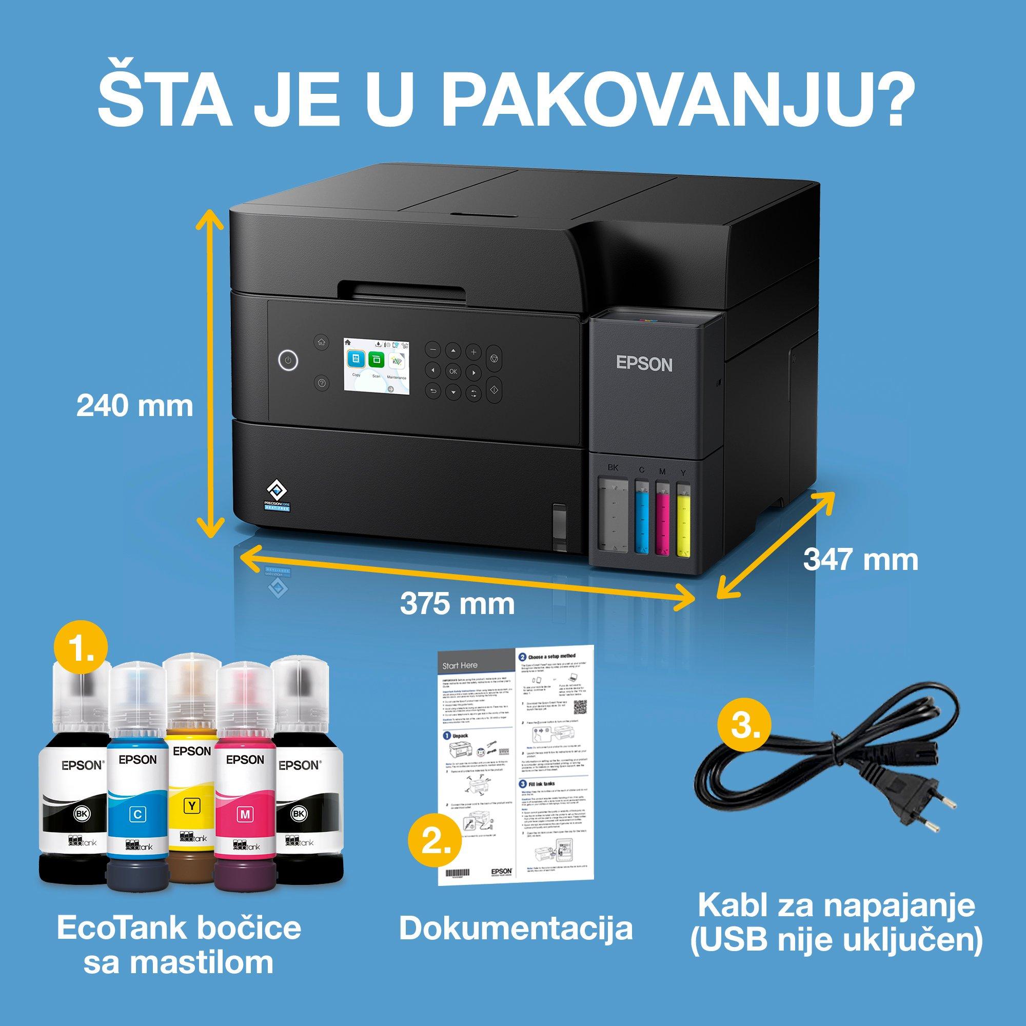 EcoTank L6370 multifunkcionalni A4 štampač sa Wi-Fi vezom, AirPrint rezervoarom za mastilo, ADF funkcijom, opcijama skeniranja, kopiranja i dvostranog štampanja i mastilom za do 3 godine rada whats in the box