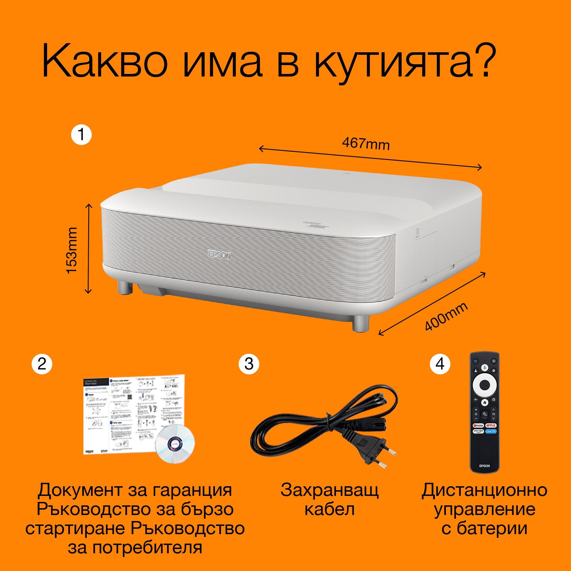 Epson Lifestudio Grand EH-LS670W Диамантено бяло, ултра-късофокусен smart лазерен проектор, 4K PRO-UHD, Sound by Bose, Google TV, екран до 120 whats in the box