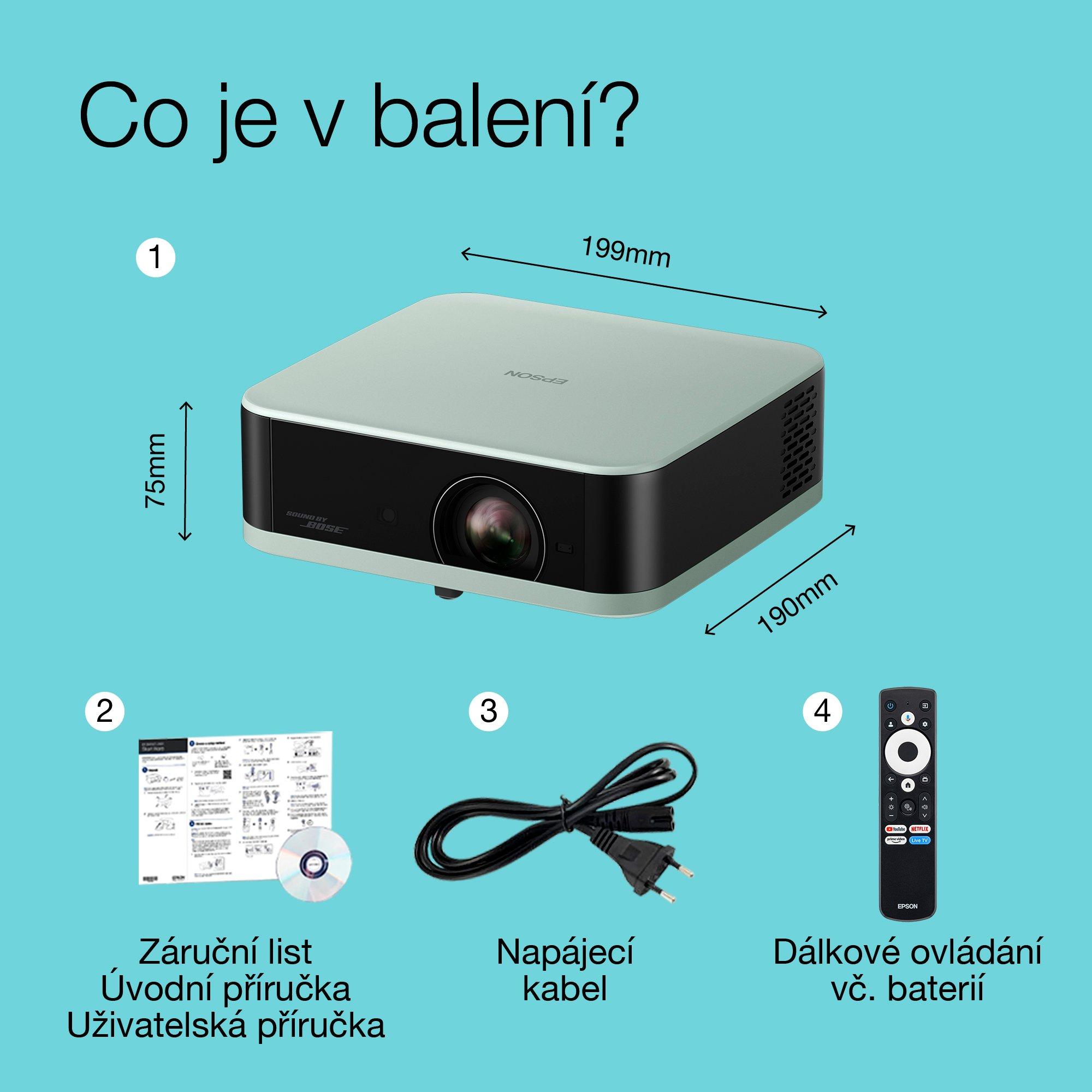 Epson Lifestudio Pop EF-61G, Full HD 1080p Smart TV projektor, přenosný, 700 lumenů, Sound by Bose, Google TV, projekční plocha o velikosti 150'' whats in the box