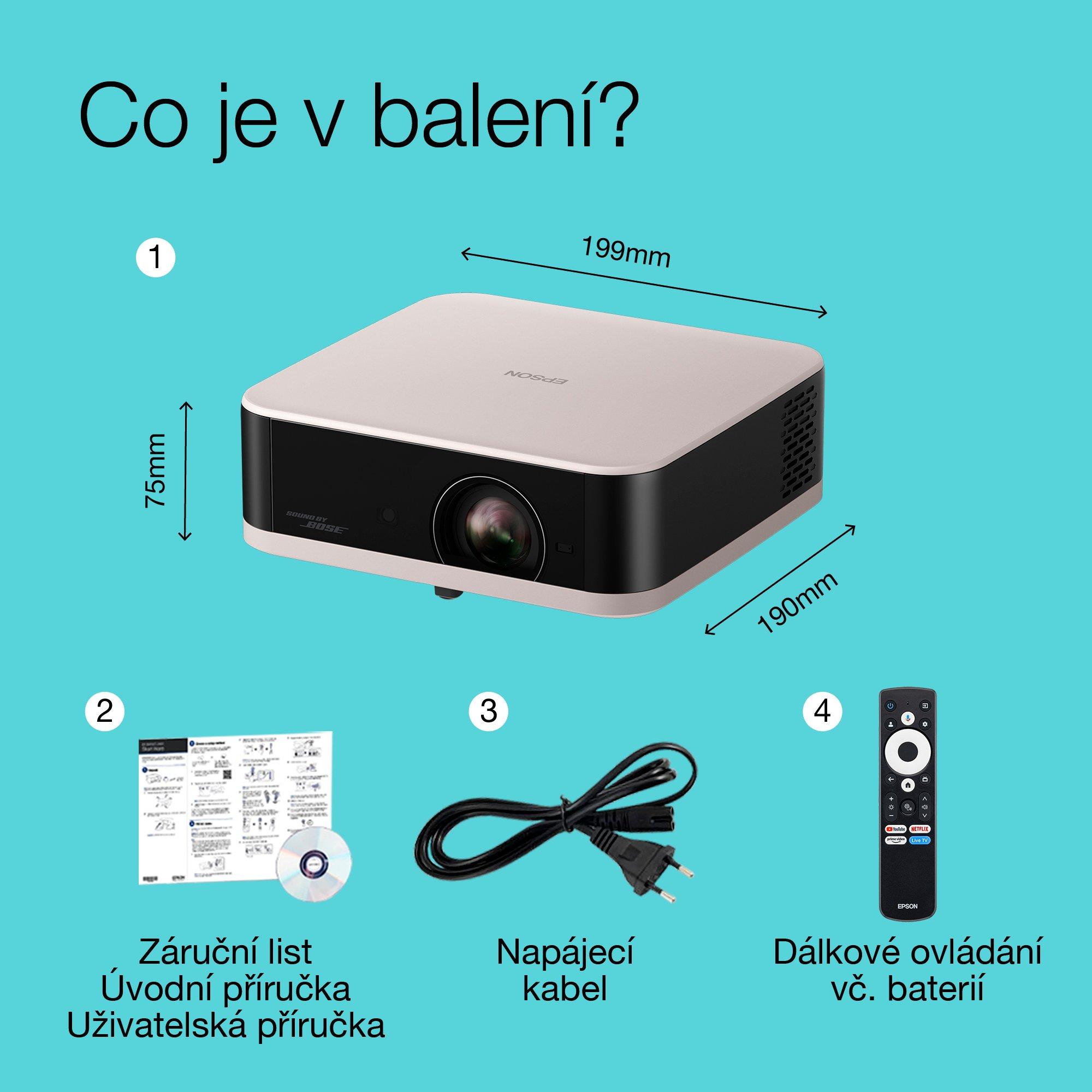 Epson Lifestudio Pop EF-61R Rose Quartz, přenosný smart projektor, Sound by Bose, Google TV, Full HD, použití v interiéru/exteriéru, 5letá záruka* whats in the box