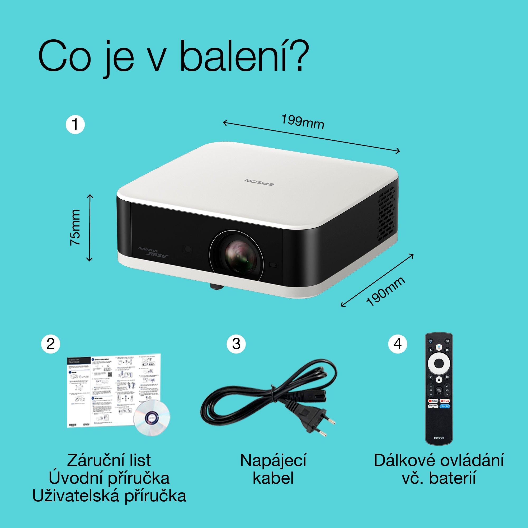 Epson Lifestudio Pop EF-61W Diamantová bílá, přenosný smart projektor, Sound by Bose, Google TV, Full HD, použití v interiéru/venku, 5letá záruka* whats in the box