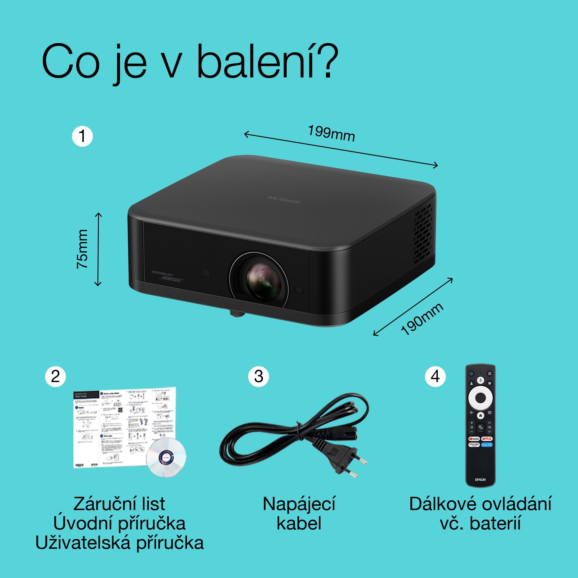 Epson Lifestudio Pop EF-62B, přenosný smart projektor, Sound by Bose, Google TV, 4K Pro UHD, použití v interiéru/exteriéru, 5letá záruka* whats in the box