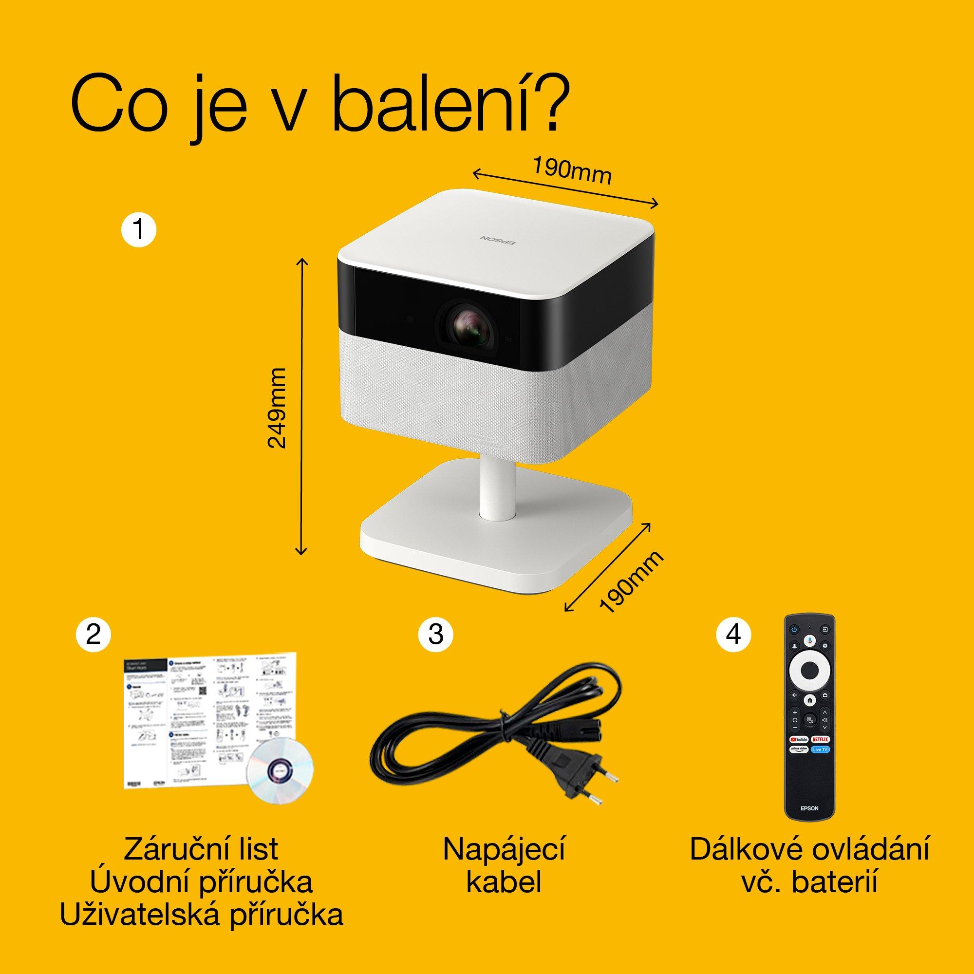 Epson Lifestudio Flex EF-71 Diamantová bílá, přenosný smart projektor, Sound by Bose, Google TV, Full HD, nastavitelný stojan, použití ve vnitřních/venkovních prostorách, 5letá záruka* whats in the box