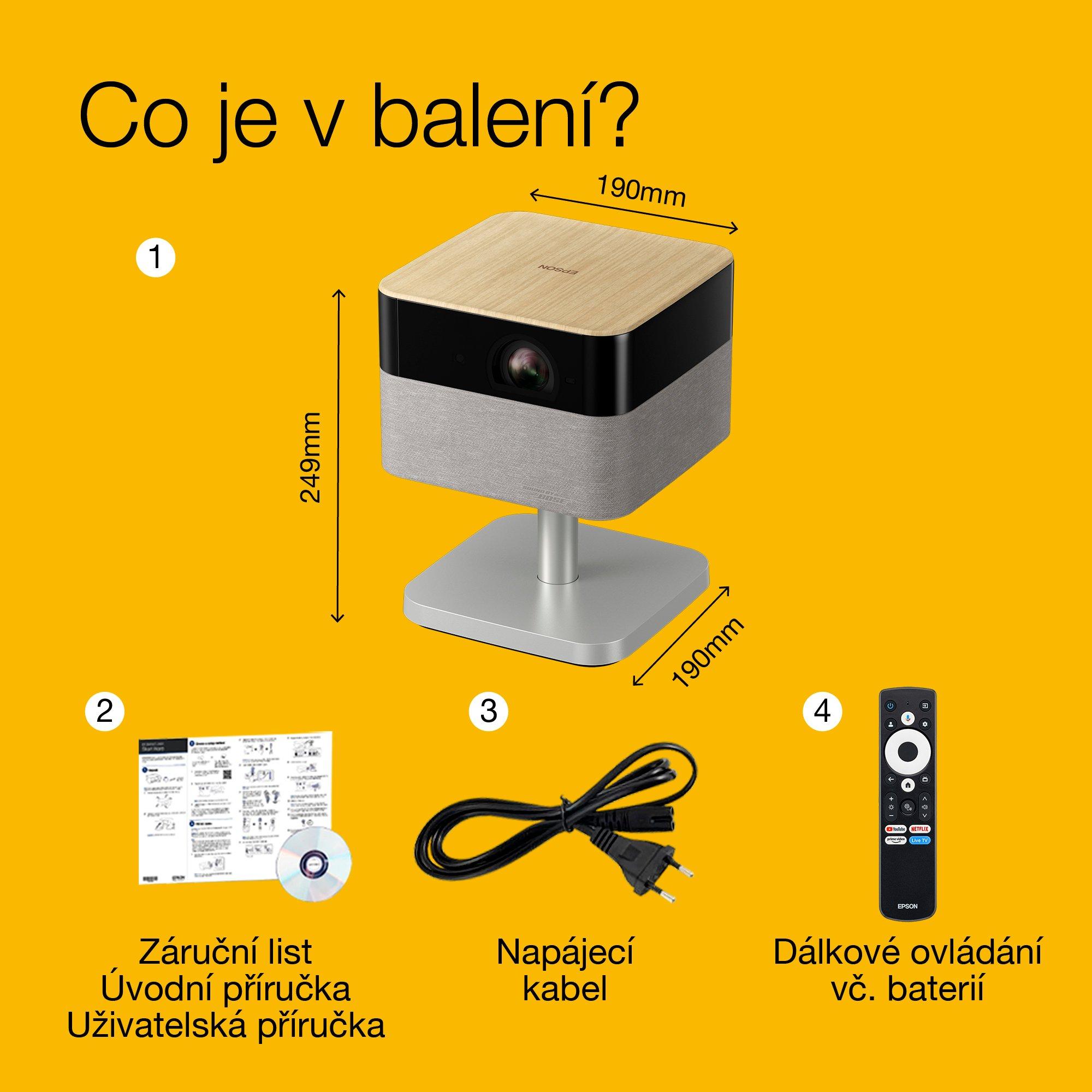 Epson Lifestudio Flex EF-72 Dub, přenosný smart projektor, Sound by Bose, Google TV, 4K Pro UHD, Funkce boční LED lampy, nastavitelný stojan, použití ve vnitřních/venkovních prostorách, 5letá záruka* whats in the box