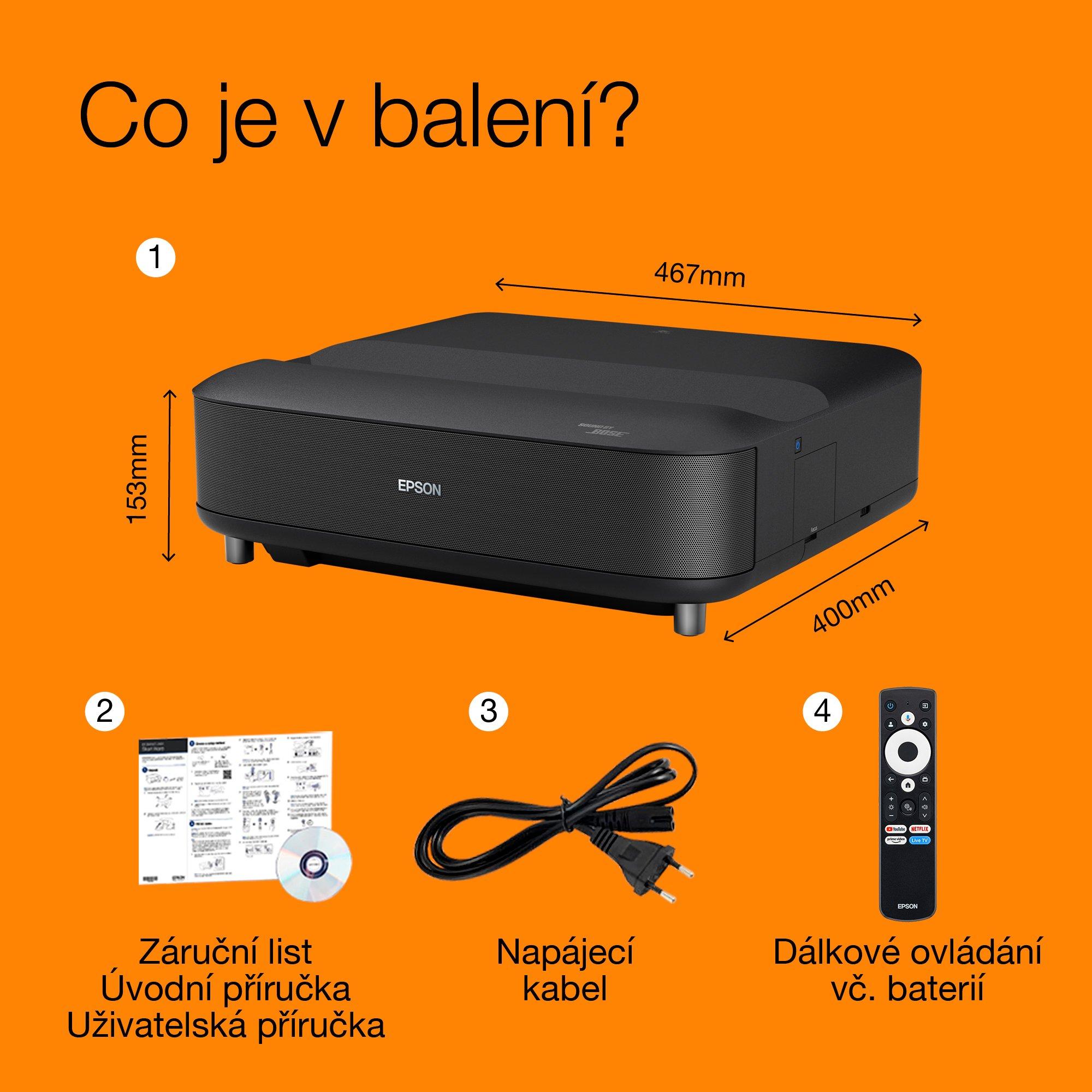 Epson Lifestudio Grand EH-LS670B Metalická černá, chytrý laserový projektor s velmi krátkou projekční vzdáleností, 4K PRO UHD, projekční plocha až 120 whats in the box