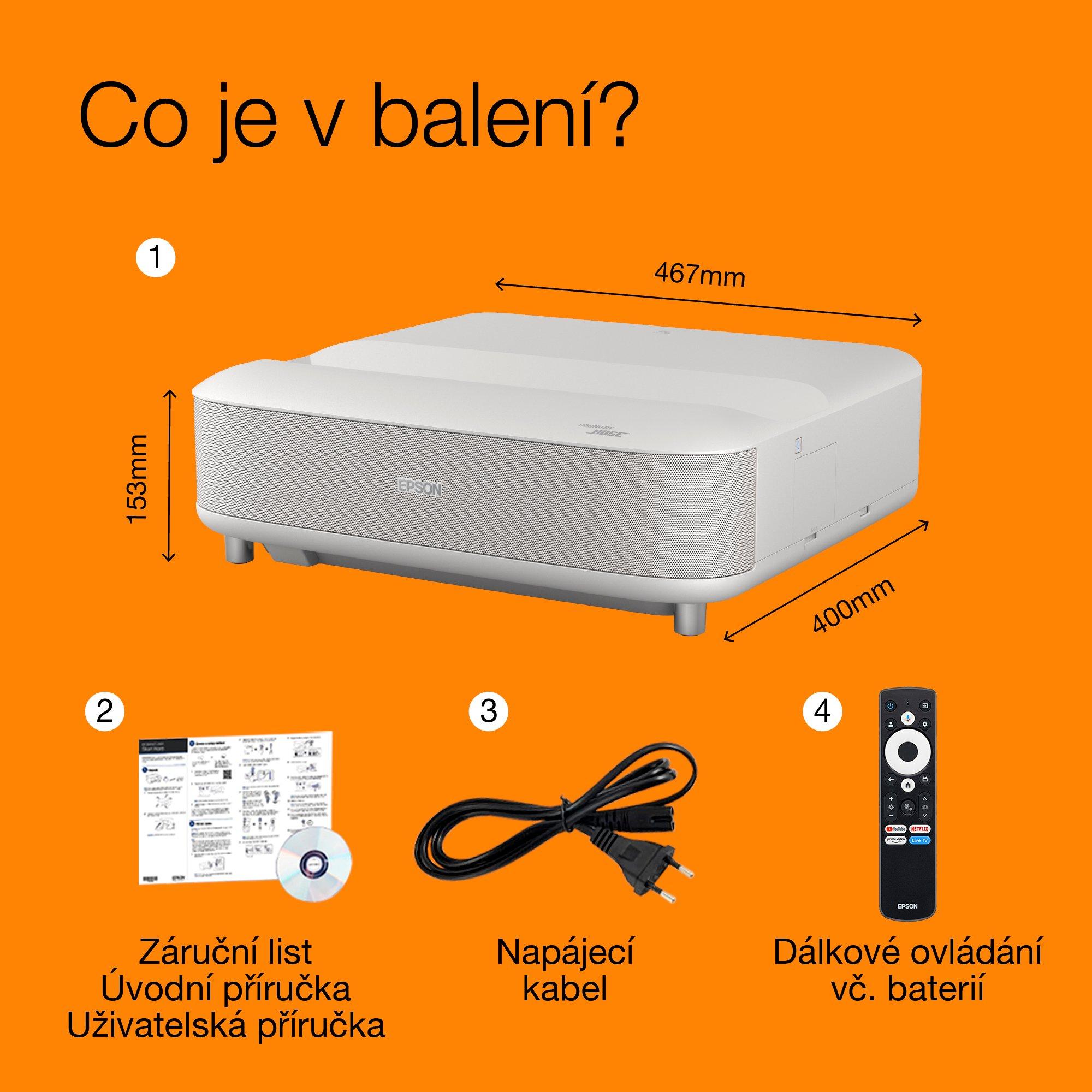 Epson Lifestudio Grand EH-LS670W diamantová bílá, chytrý laserový projektor s velmi krátkou projekční vzdáleností, 4K PRO UHD, projekční plocha až 120 whats in the box