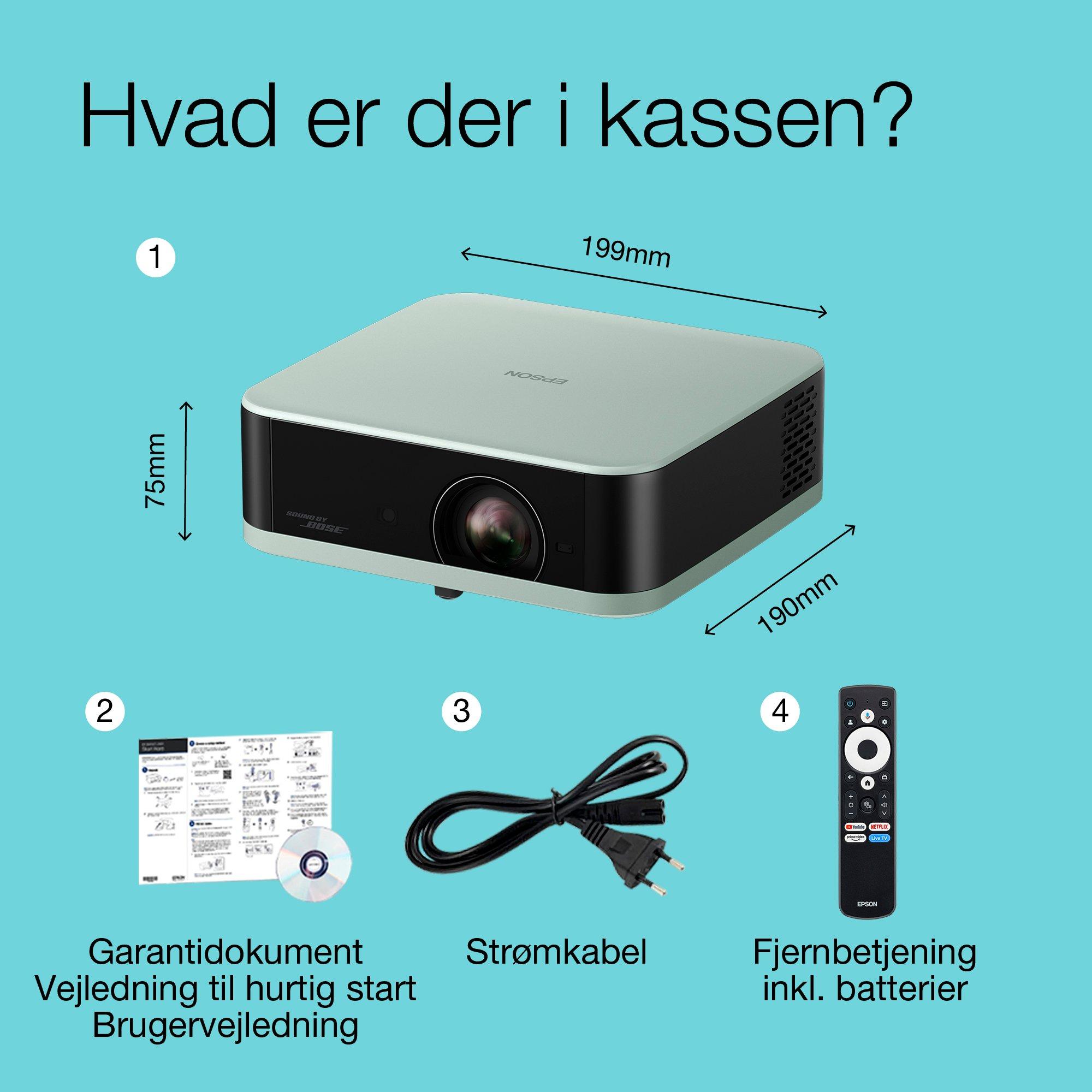 Epson Lifestudio Pop EF-61G Ice Green, bærbar Smart projektor, Sound by Bose, Google TV, Fuld HD, indendørs/udendørs brug, 5 års garanti* whats in the box