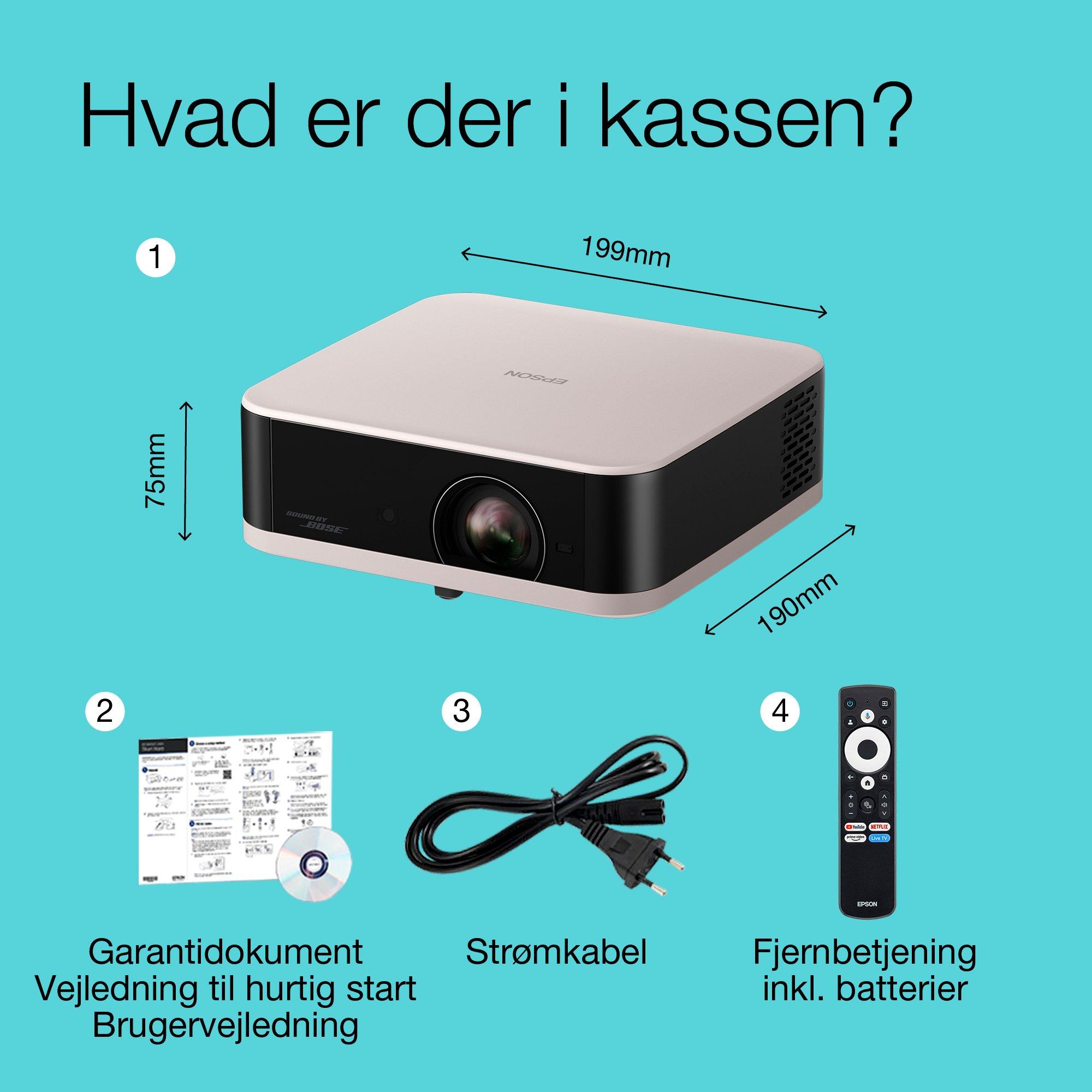 Epson Lifestudio Pop EF-61R Rose Quartz, bærbar Smart projektor, Sound by Bose, Google TV, Fuld HD, indendørs/udendørs brug, 5 års garanti* whats in the box