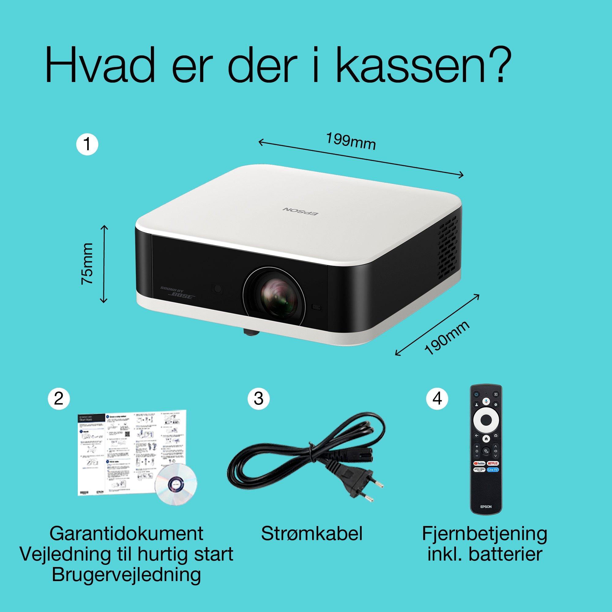 Epson Lifestudio Pop EF-61W Diamond White, bærbar Smart projektor, Sound by Bose, Google TV, Full HD, indendørs/udendørs brug, 5 års garanti* whats in the box