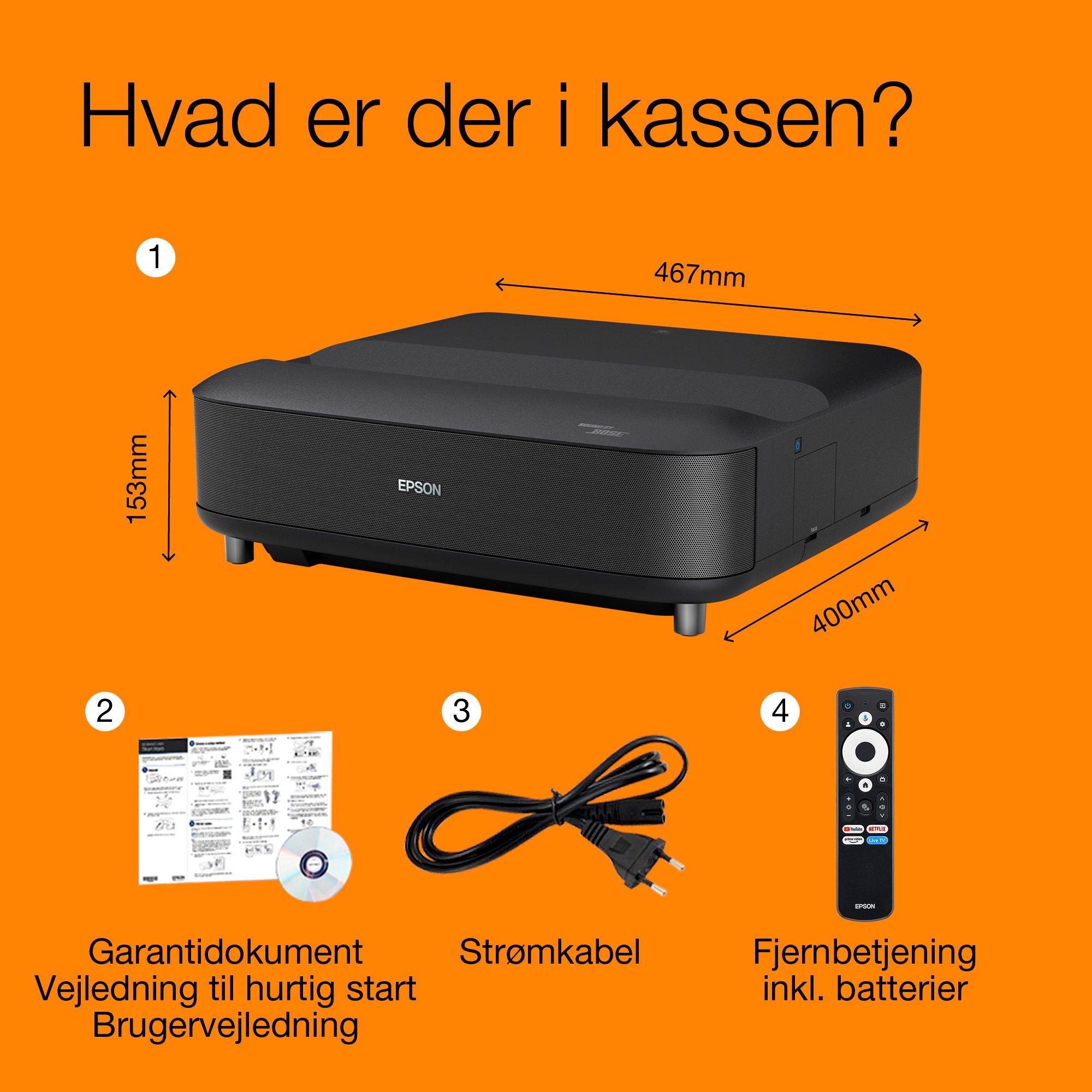 Epson Lifestudio Grand EH-LS670B Metallisk sort, Ultra-Short Throw Smart laserprojektor, 4K PRO-UHD, Sound by Bose, Google TV, op til 120” skærm, fem års garanti* whats in the box