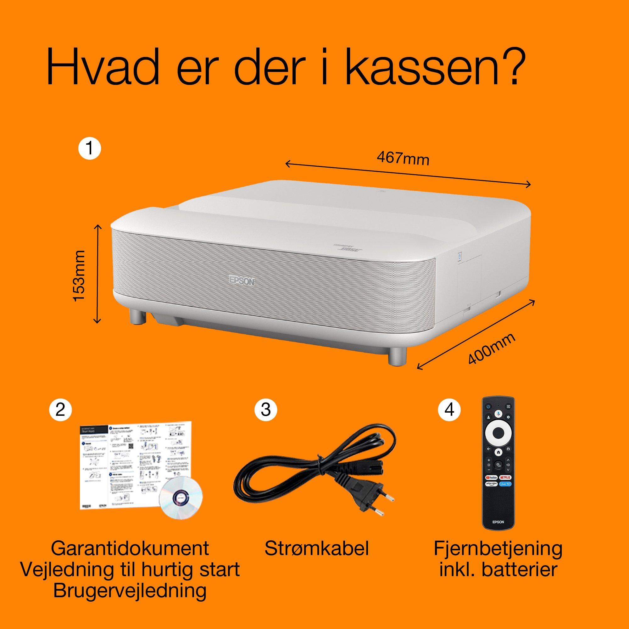 Epson Lifestudio Grand EH-LS670W Diamond White, Ultra-Short Throw Smart laserprojektor, 4K PRO-UHD, Sound by Bose, Google TV, op til 120” skærm, fem års garanti* whats in the box