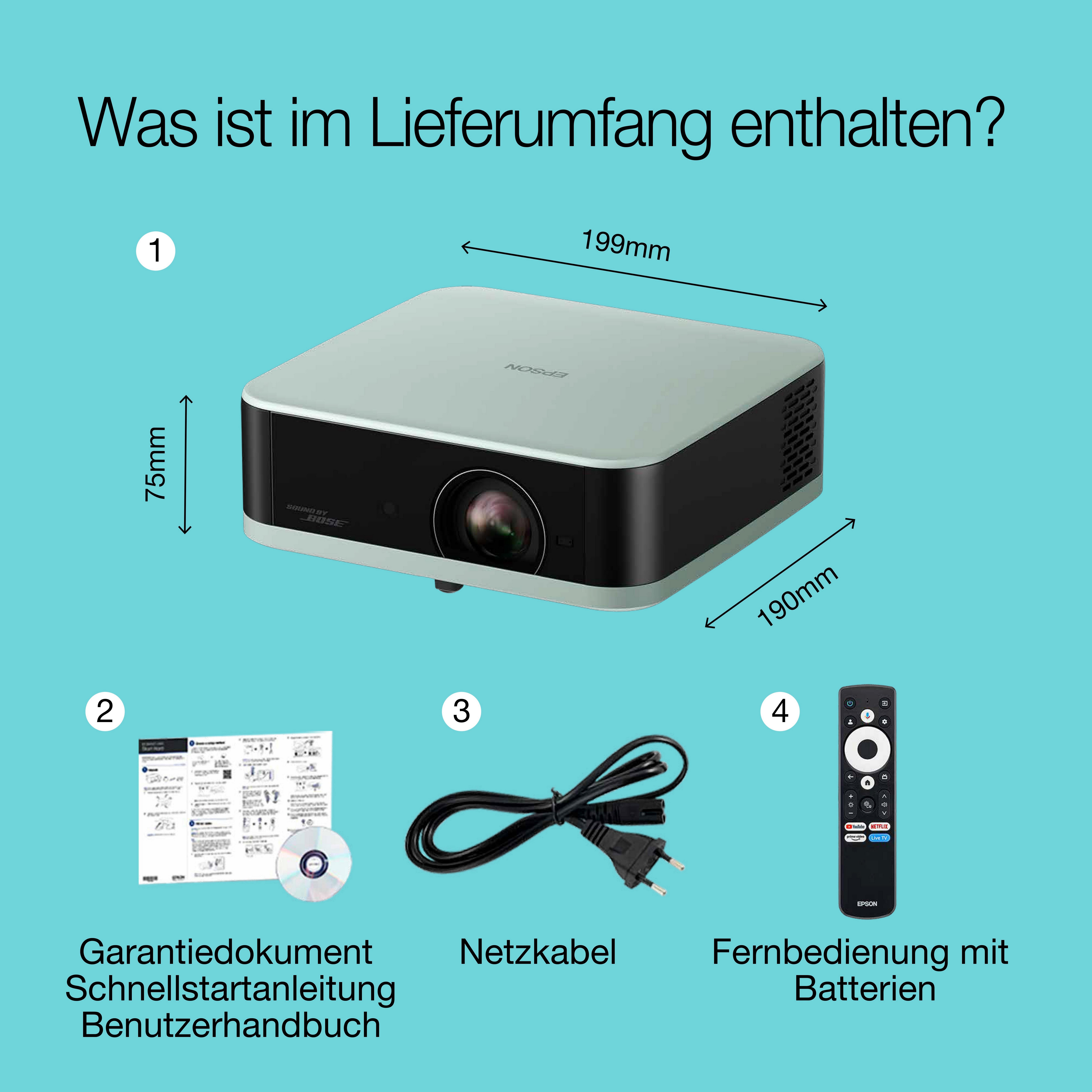 Epson Lifestudio Pop EF-61G Eisgrün, tragbarer Smart-Projektor, Sound by Bose, Google TV, Full HD, Verwendung im Innen- und Außenbereich, 5 Jahre Geräteschutz* whats in the box