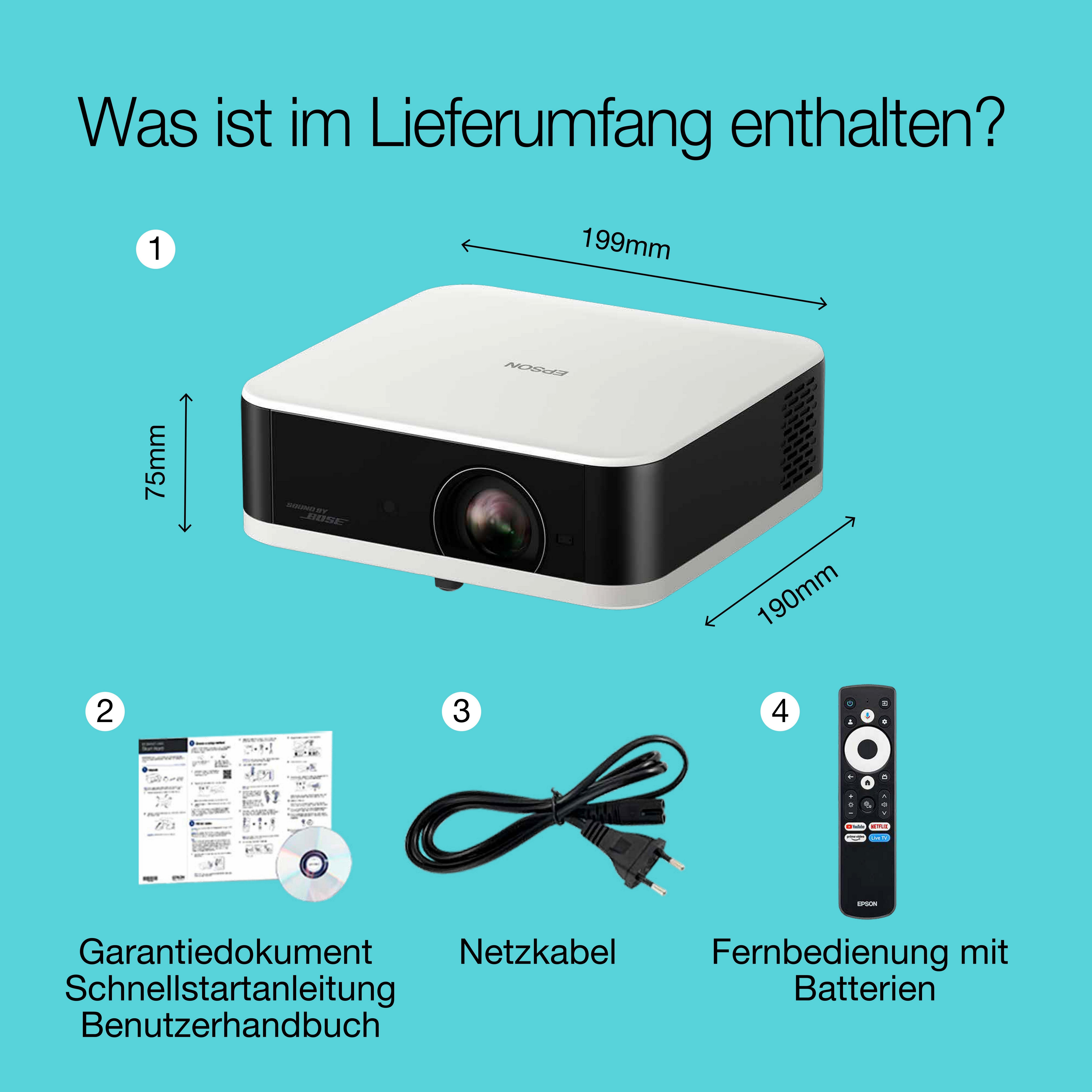 Epson Lifestudio Pop EF-61W Diamantweiß, tragbarer Smart-Projektor, Sound by Bose, Google TV, Full HD, Verwendung im Innen- und Außenbereich, 5 Jahre Geräteschutz* whats in the box