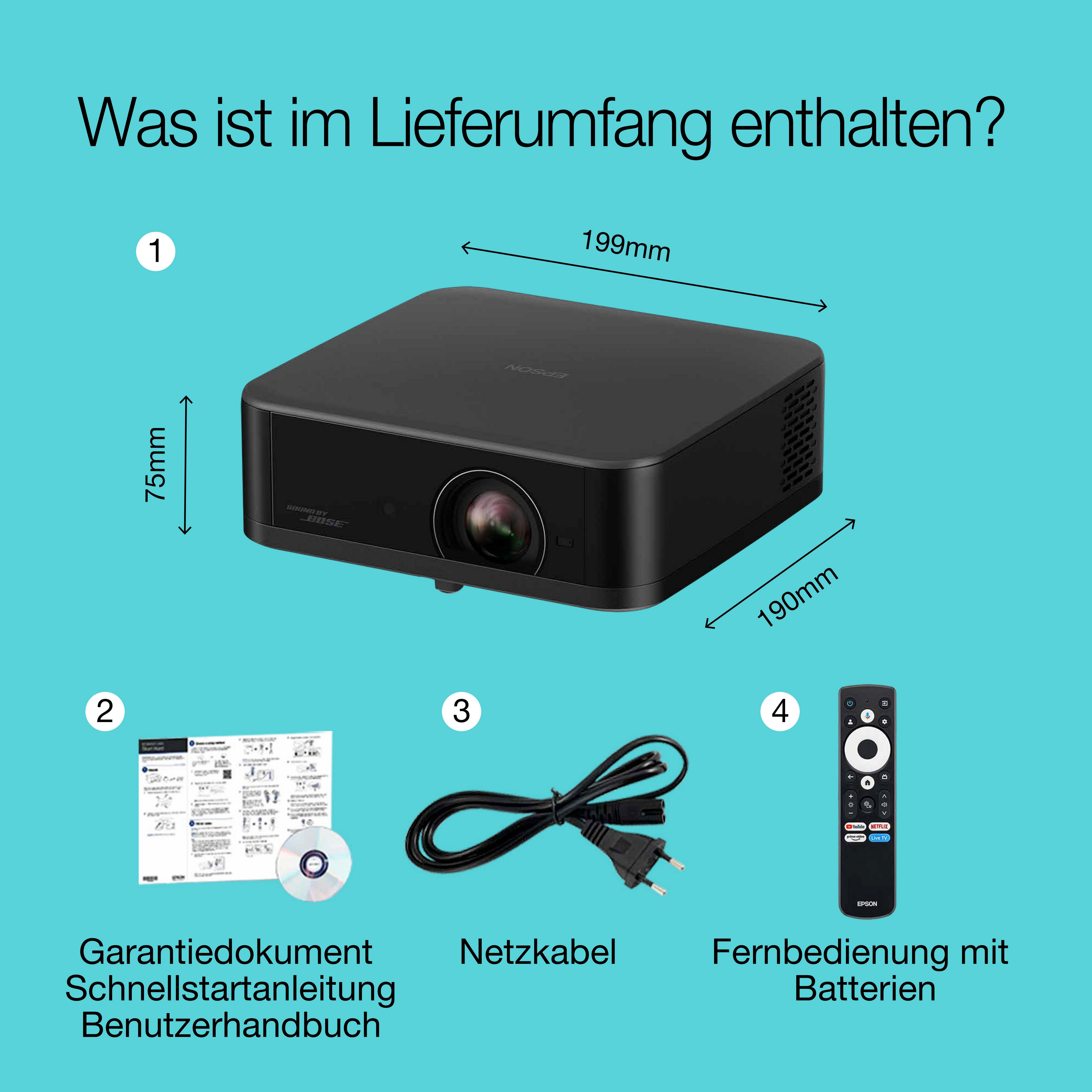 Epson Lifestudio Pop EF-62B, tragbarer Smart-Projektor, Sound by Bose, Google TV, 4K Pro UHD, Verwendung im Innen- und Außenbereich, 5 Jahre Geräteschutz* whats in the box