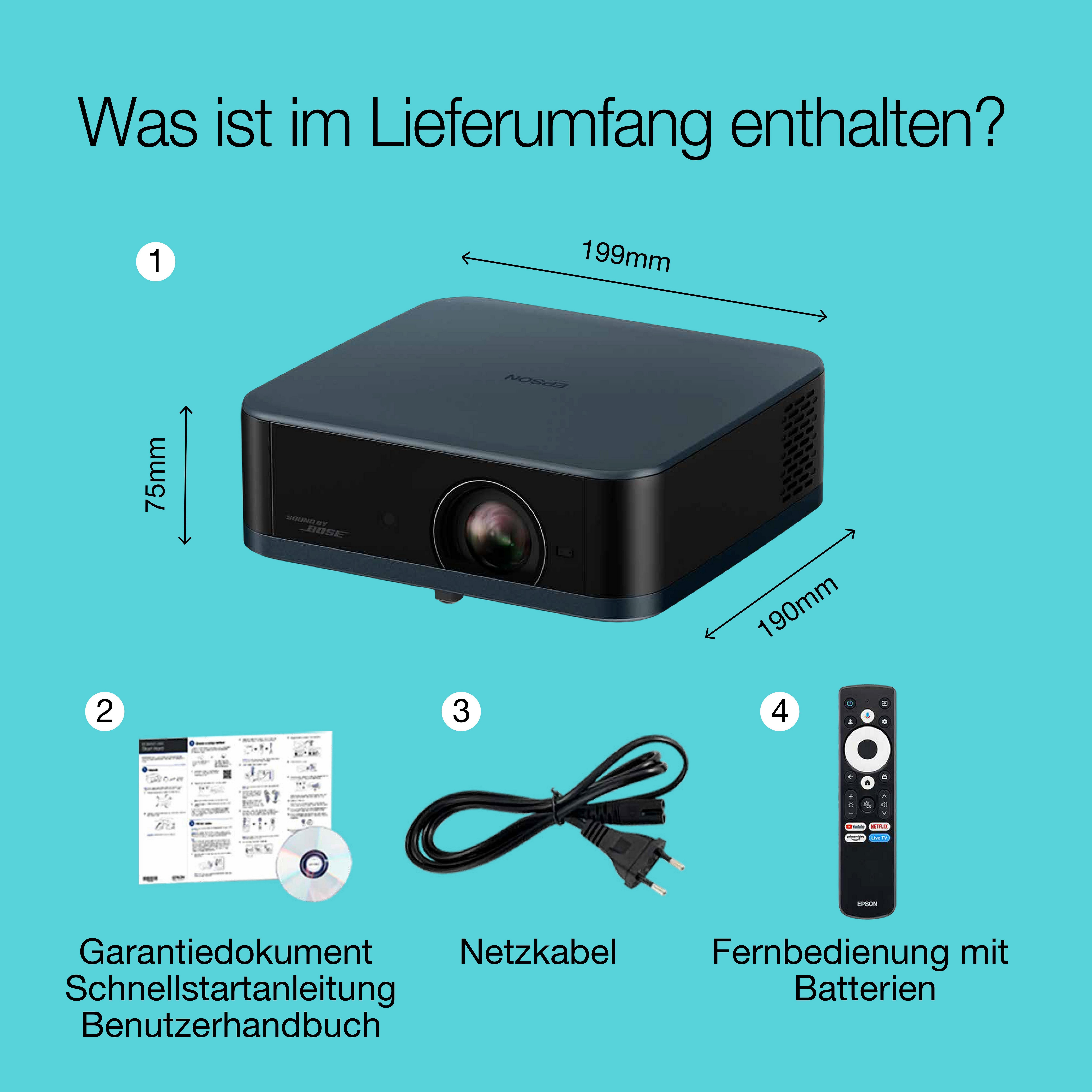 Epson Lifestudio Pop EF-62N, tragbarer Smart-Projektor, Sound by Bose, Google TV, 4K Pro UHD, Verwendung im Innen- und Außenbereich, 5 Jahre Geräteschutz* whats in the box